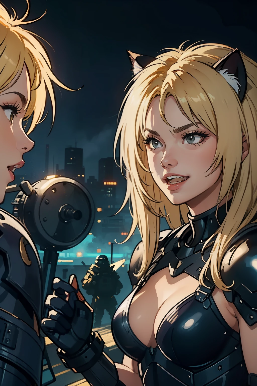 ((highest quality)), ((masterpiece)), (be familiar with), (High definition), 8K, Perfect Face、2Women、Two blonde women with cat ears、((laughing out loud))、((tankの砲身に跨がっている))、tall、2 Blonde cat ears、2. Long Hair、2. Volumetric hair style、big breasts、Narrow waist、Big Ass、glamorous、Alluring、protector、Armor、combat suit、combat boots、Armament、Equipped with large firearms、Cinematic、Best Shadow、Side lighting、NEO TOKYO、riot、explosion、tank、helicopter、(Close-up of face)