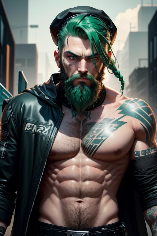 Create a bearded man based on the video game "Cyberpunk". Der Mann hat kurzes Haar. He has green eyes. He is tattooed all over his body. Seine Haarfarbe ist blau. He is ready for a fight. Sein Begleiter ist ein Affe. Der Mann steht in einer verlassenen Ruine.