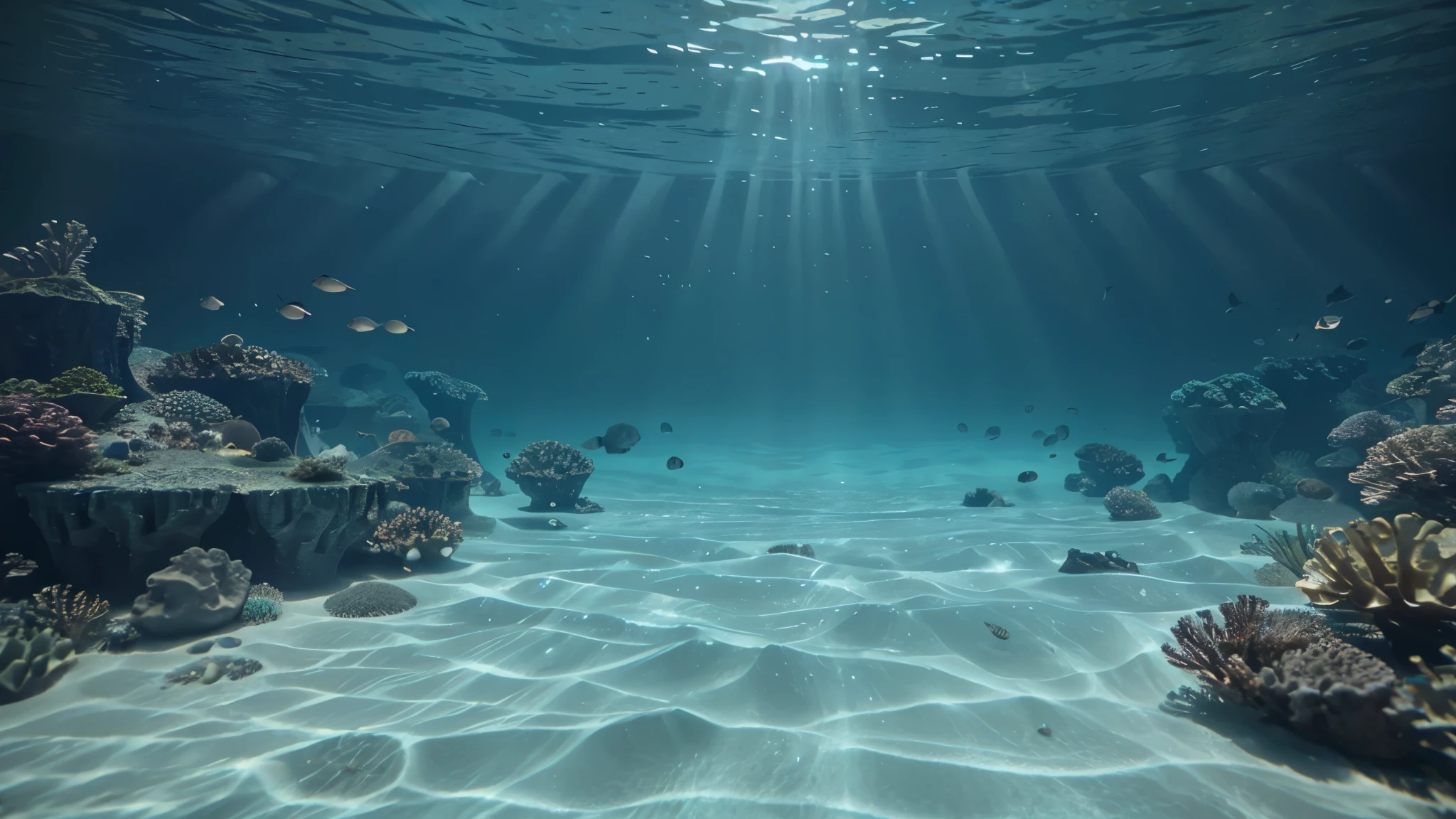 ocean background under water, underwater world, fantasy world under water, empty bottom, no details, deep bottom, horizontal perspective, beautiful light under water, 3D render, video game render, realism style, --ar 16:9 --v 6.0