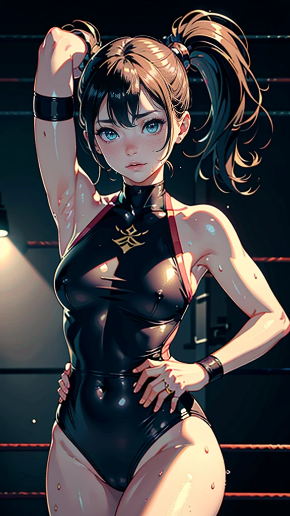 masterpiece, highest quality, (Highly detailed CG Unity 8k wallpaper), (highest quality), (Best illustrations), (Best Shadow), Confused, Realistic lighting, (abyss), Beautiful and delicate shine,victory,Random Pause,((Bare skin wet with sweat,Female professional wrestler)),Cute freckles on the cheeks,Mole under left eye,Cowboy Shot,Hair wet with sweat,A leotard-type wrestling costume with gorgeous decorations,pain,suffering,ring,High Kick,