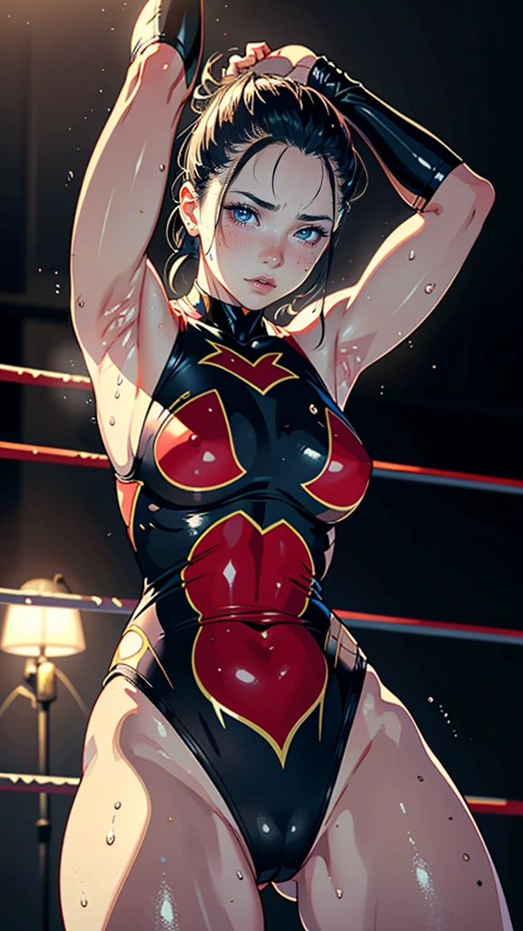 masterpiece, highest quality, (Highly detailed CG Unity 8k wallpaper), (highest quality), (Best illustrations), (Best Shadow), Confused, Realistic lighting, (abyss), Beautiful and delicate shine,victory,Random Pause,((Bare skin wet with sweat,Female professional wrestler)),Cute freckles on the cheeks,Mole under left eye,Cowboy Shot,Hair wet with sweat,A leotard-type wrestling costume with gorgeous decorations,pain,suffering,ring,High Kick,