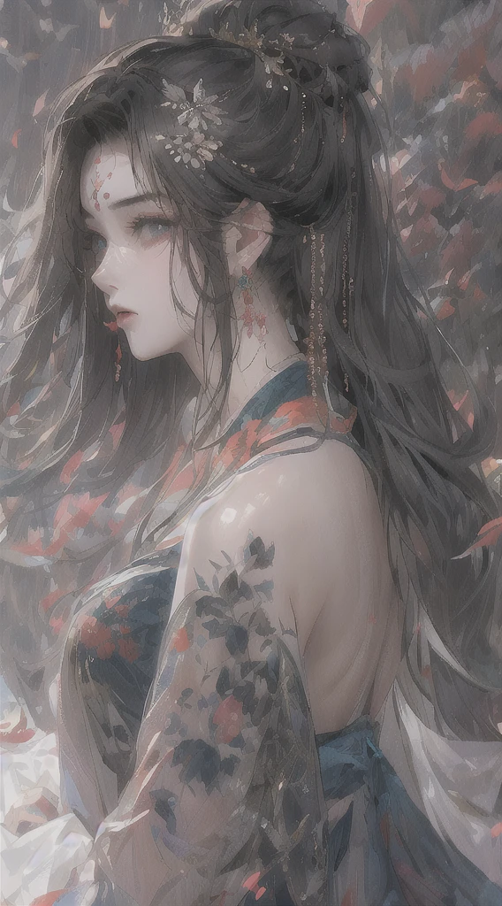 Reality, high resolution, 1 female, Hips up, beautiful eyes, Long hair, Dark circles under eyes, jewelry, Tattoo, Hanfu, Chinese fairy, Rear view