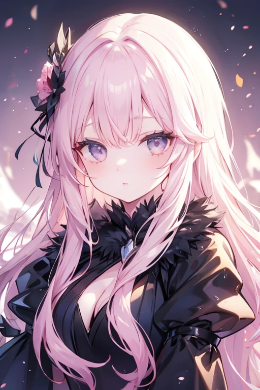 meticulous portrayal of face，1 noblewoman，a matural female，Black dress long dress，(Pink White Long Hair)，(dark night background+)，Prom，Court etiquette，  s the perfect face， Perfect lips， perfect  eyes， Perfect background