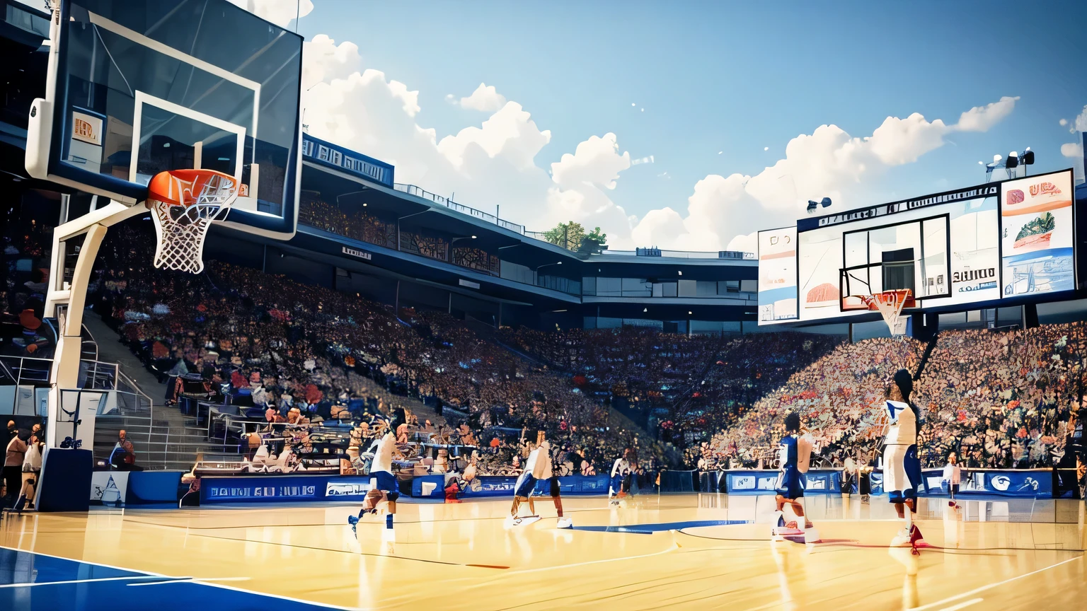 best quality, masterpiece, Extremely detailed, Basketball Game,campus,masterpiece,Covene,contingent,A lot of boys,Horizontal screen