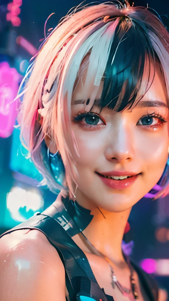A colorful Bob cut haired punk girl, smooth white skin, innocent look, 15 years old, Ultra high res, uhd, (photorealistic:1.4), cyberpunk outfit, winking, smiling ear to ear, neon lighting