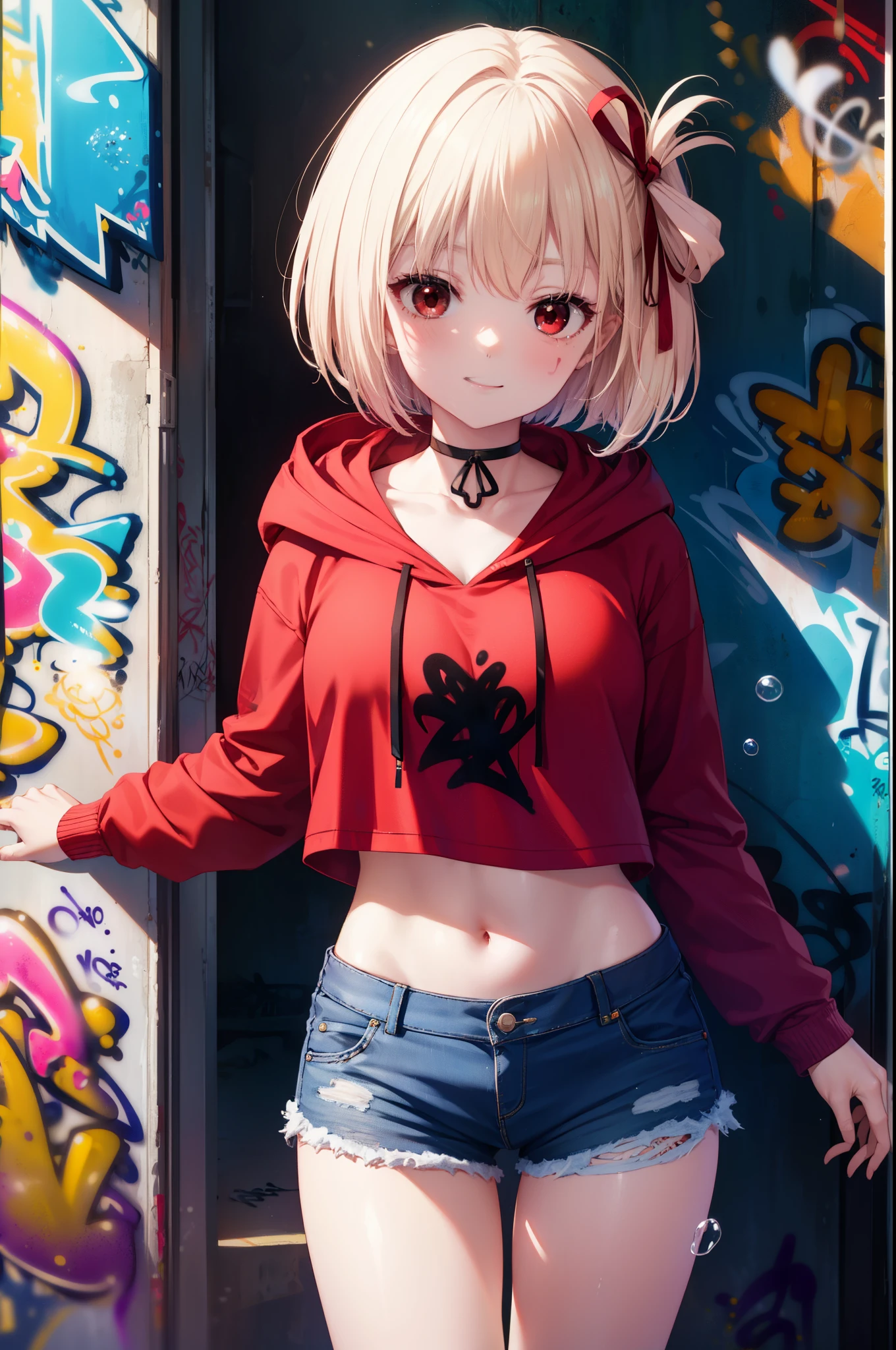 Chisato Nishikigi, Chisato Nishikigi, short hair, bangs, Blonde, (Red eyes:1.5), Hair Ribbon, One side up, happy smile, smile, red hoodie Front open,Wearing a hood,Blowing bubble gum, Pink bubble gum,Bobcut,navel tank top,Denim shorts, choker, (graffiti:1.5), Paint splashes, Put your arms behind your back, Against the wall, Looking at the audience , Thigh straps, Tilt your head, was bored,break outdoors, alley,break looking at viewer, (Cowboy Shot:1.5),
break (masterpiece:1.2), highest quality, High resolution, unity 8k wallpaper, (shape:0.8), (Beautiful and detailed:1.6), Highly detailed face, Perfect lighting, Highly detailed CG, (Perfect hands, Perfect Anatomy),