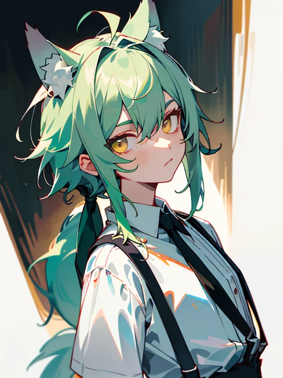 (the masterpiece:1.2),(Best quality:1.2), White shirt, Black skinny suspenders,light green hair, Mullet head, yellow eyes, wolf ears,wolf tail, inexpressive,orthofacial,outside,I look at the viewer,Thoughtful eyes,detailed skin,reference sheet,к HD,the masterpiece,Super Detail, (Best quality, a high resolution),Ultra high pixel,Ultra transparent,32k,CGMokadon Pop ----Niji 5