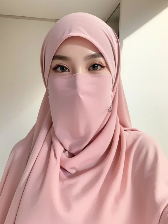 ((Realistic lighting, Best quality, 8K, Masterpiece: 1.3)), covered face: 1.1, Clear focus: 1.2, 1 malay girl, Perfect body beauty: 1.4, Slim abs: 1.1, ((light pink hijab)), (indoor, day: 1.1), bedroom, Super fine face, fine eyes, double eyelids.