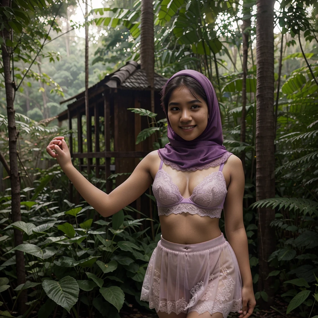 A 19 years old Indonesian girl in light violet hijab, wearing very short light violet lace bra, wearing very short see-through light violet lace skirt, skirtlift, villager, poor girl, darker skin, curvier body, short body, small breasts, flat-chested, smiling and standing in a dark forest, look to the viewer with eye close