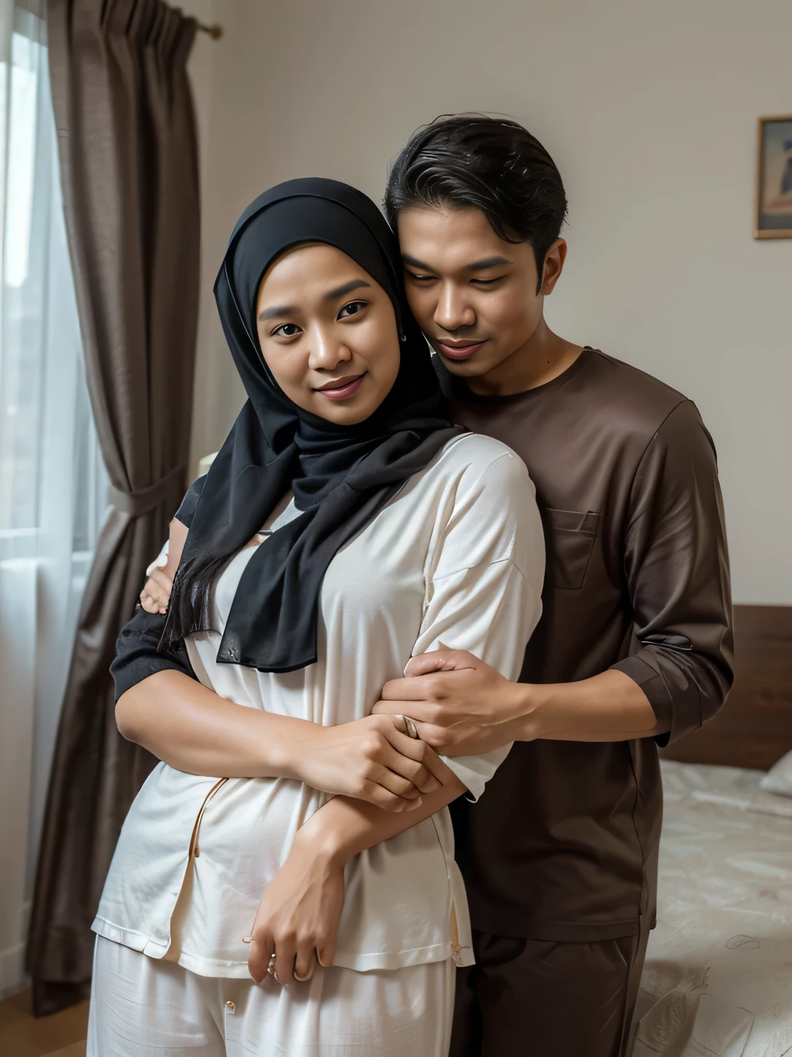 ((best quality)), ((masterpiece)), (detailed), 4K, perfect face, 30 years old malay Man hugging 25 years old malay woman wearing hijab and pyjamas, hugging, facing camera,