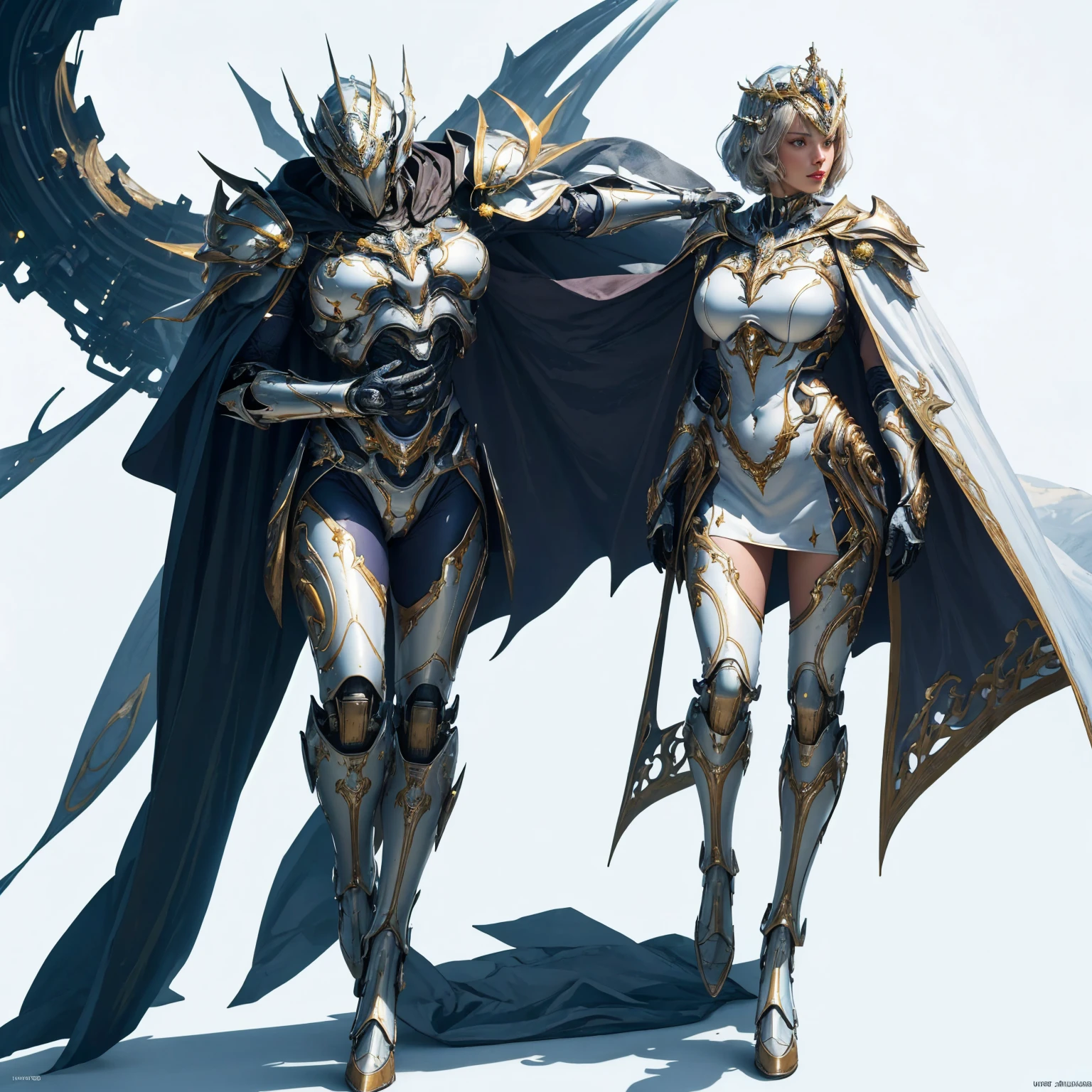 ((Shooting from front)), (full body), Standing, (masterpiece, best quality:1.3), extremely high detailed, realistic, real person, ultimate-realistic, ultimate-realistic details, ultimate-realistic texture, realistic light source, realistic shadow, intricate, 8k, HDR, wallpaper, cinematic lighting, (universe), glowing, a woman in shining mecha armor(royalty ornate) helm and robes (cape:1.3), short hair, huge-breasted:1.5, slippery ((white background)), futuristic, modern (high detailed skin:1.1), wide angle.