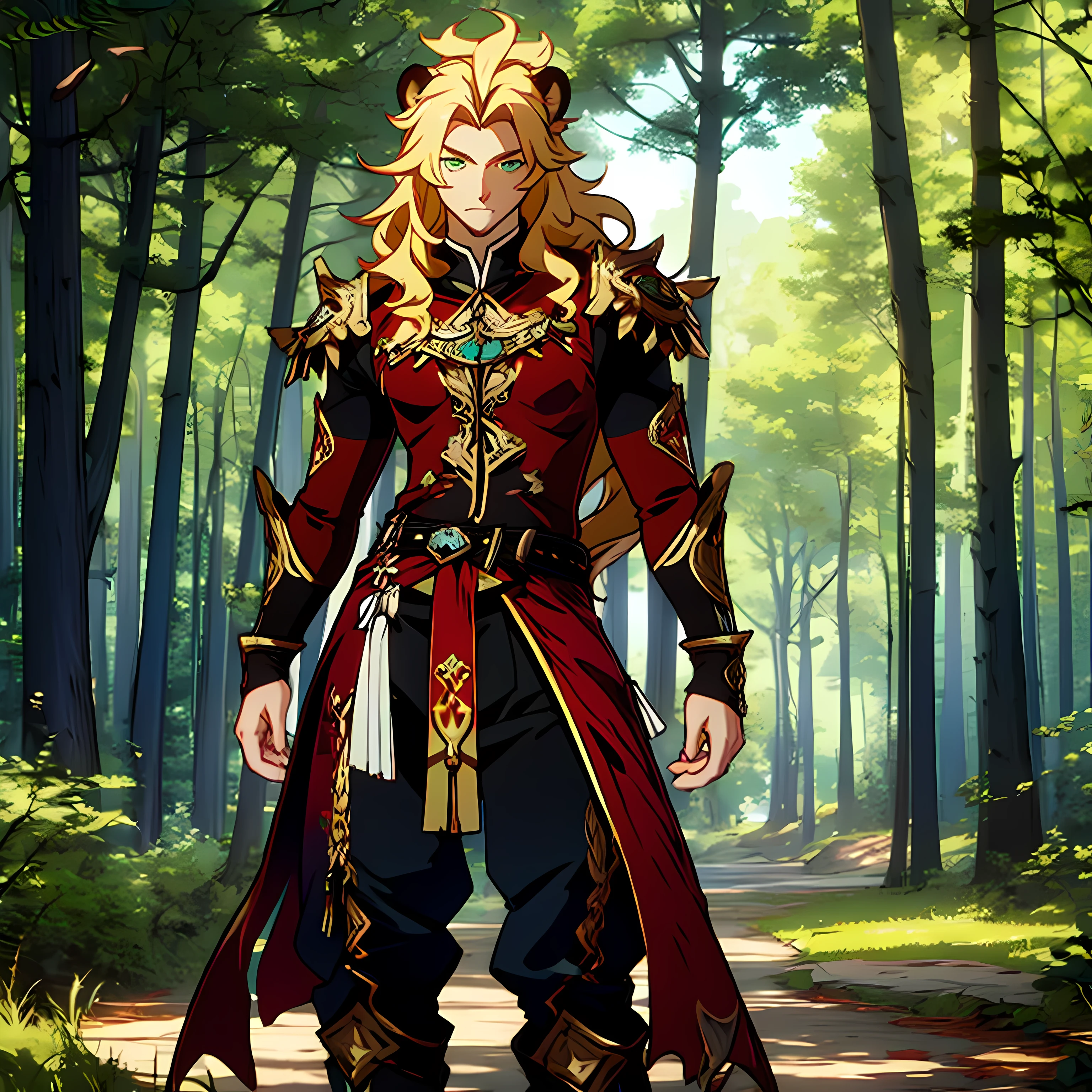 ((One male)), lion ears, very long hair, blond, blond hair, green eyes, tall, (muscular), ((dark red armor)), beautiful face, ((highest quality)), ((masterpiece)), (2d), ((anime)), (perfect face), ((highest detail)), stubble, lion tail, wavy hair, ((far shot)), (intricate details), claws, ((solo)), ((five fingers)), dark red leg armor pants, boots, full body, (detailed eyes), ((forest background)), modern setting