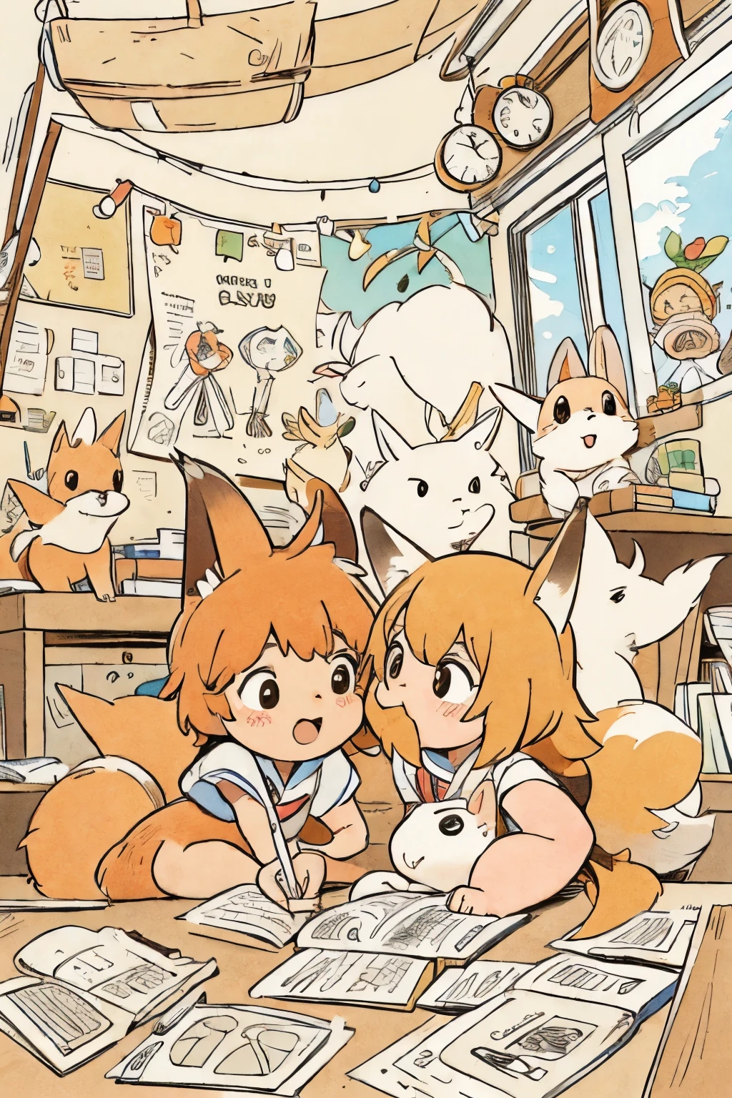 coloring book images, cute foxes in the school