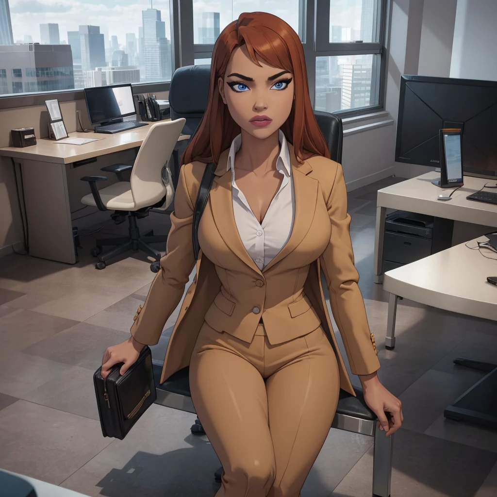 (masterpiece, high quality) woman, formal business suit, shirt, pants, solo , looking at viewer, perfect face, suits tan, tan colour, white shirt,sexy breasts,fit super model body, fit_business_suit s, crystal blue eyes, eyelashes, makeup, skyscraper, full body, she is the boss, ultra quality 4k, super confident, sit like the boss, [From Below, Looking Up][Modern Office Setting] tan colour office suits , tan shoes 