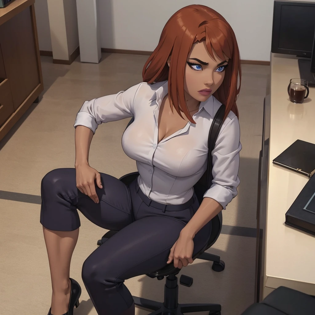 (masterpiece, high quality) woman, formal business suit, shirt, pants, solo , looking at viewer, perfect face, suits tan, tan colour, white shirt,sexy breasts,fit super model body, fit_business_suit s, crystal blue eyes, eyelashes, makeup, skyscraper, full body, she is the boss, ultra quality 4k, super confident, sit like the boss, [From Below, Looking Up][Modern Office Setting] tan colour office suits , tan shoes 