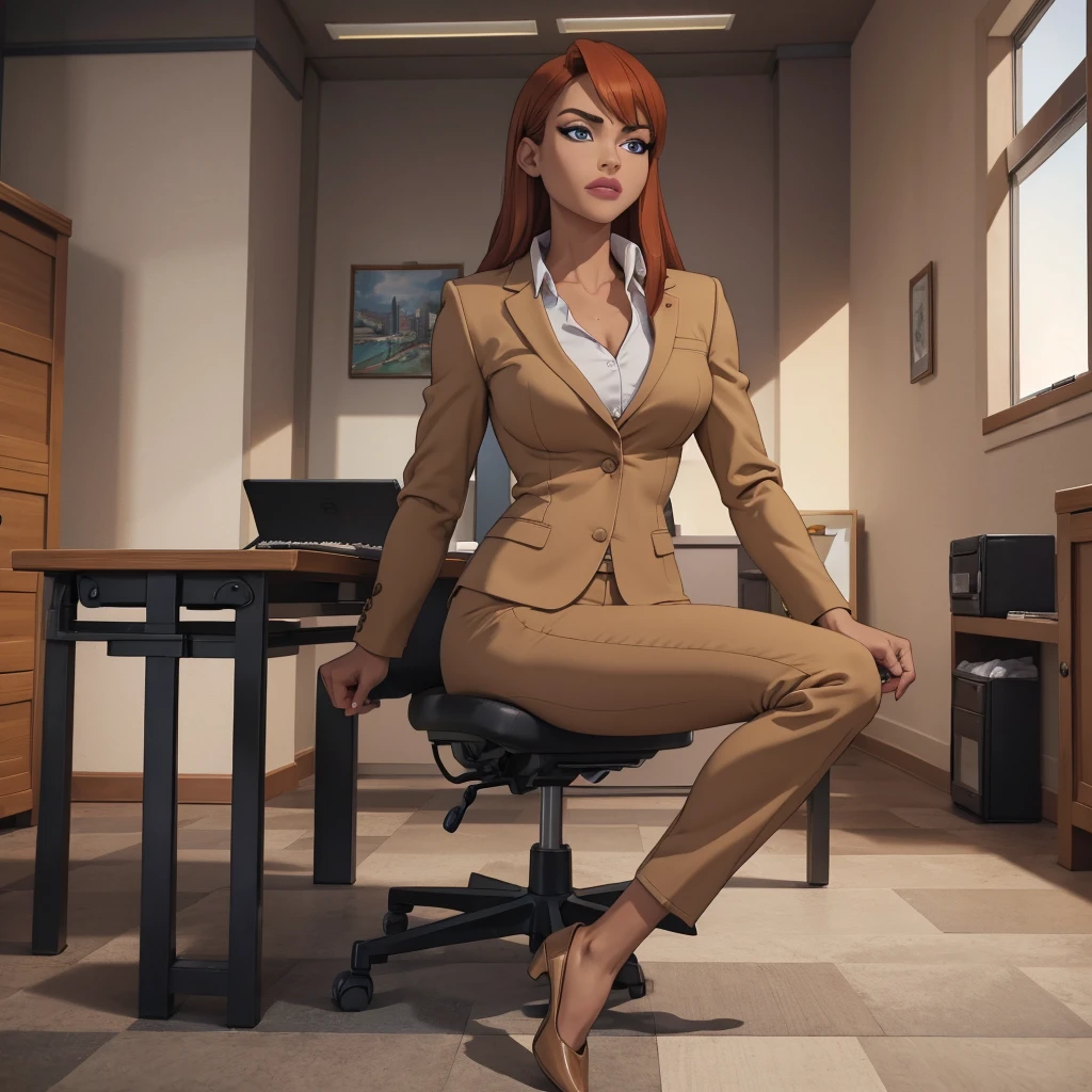(masterpiece, high quality) woman, formal business suit, shirt, pants, solo , looking at viewer, perfect face, suits tan, tan colour, white shirt,sexy breasts,fit super model body, fit_business_suit s, crystal blue eyes, eyelashes, makeup, skyscraper, full body, she is the boss, ultra quality 4k, super confident, sit like the boss, [From Below, Looking Up][Modern Office Setting] tan colour office suits , tan shoes 