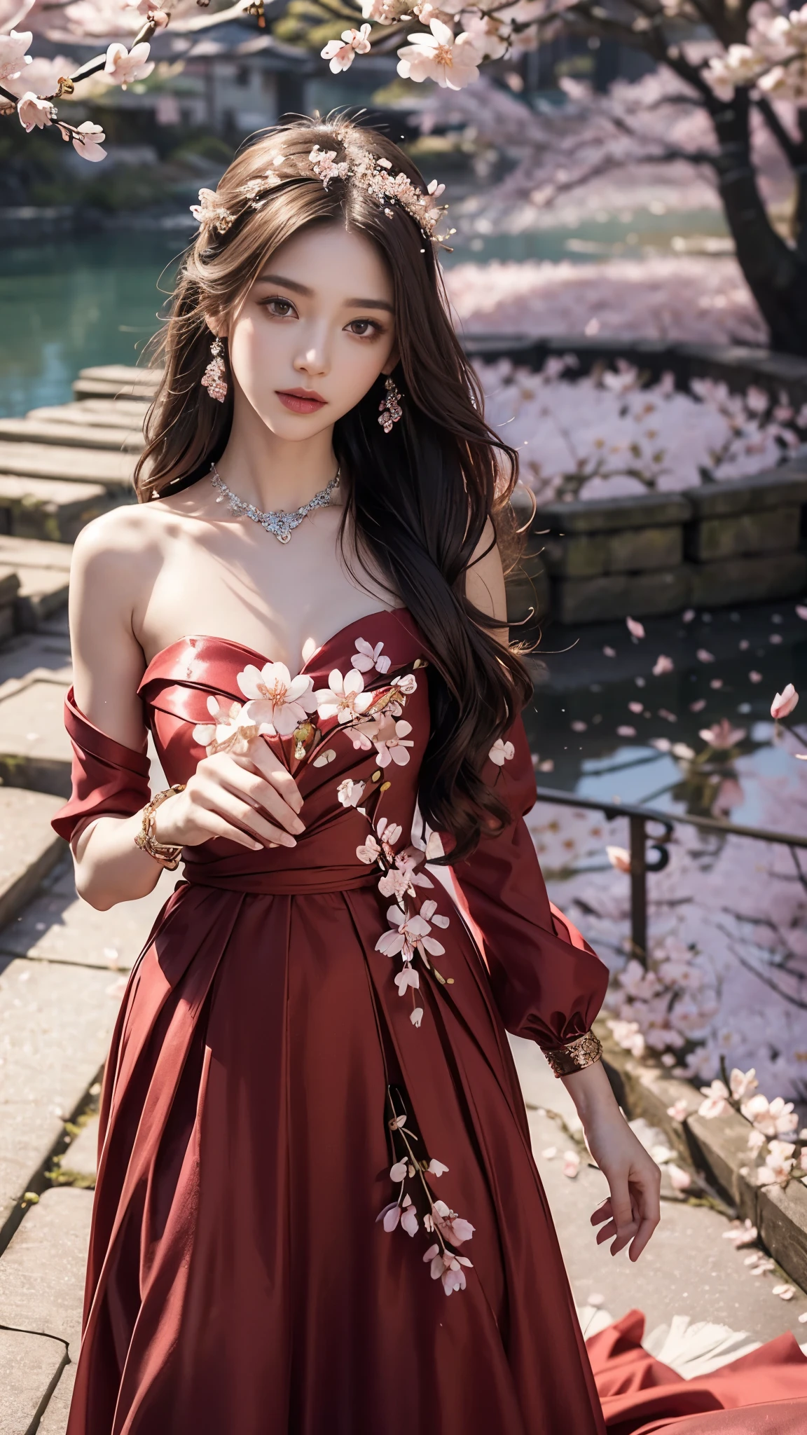 4K, Ultra HD, Masterpiece, 1 girl, (good face:1.4), detailed eyes, very long hair, princess dress, (red dress:1.5), (bare waist:1.2), (wearing jwellery:1.5), (cherry blossom:1.5), (bloom effect:1.5), Detailed Fantasy Art, Stunning Character Art, beautiful Exquisite Character Art, Beautiful, Extremely Detailed, Exquisite Intricate Headdress and Jewellery, perfect body, looking directly at the audience, attractive poses,