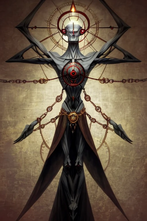monstrous, Beautiful, masterpiece, Best quality, Ideal lighting, Monstrous smile with crooked fangs, a mask, Closing Your Eyes, vitruvian man, very thin, disproportionately long arms, A sinister aura, anything, chained, deity, pentagrams, cult clothing