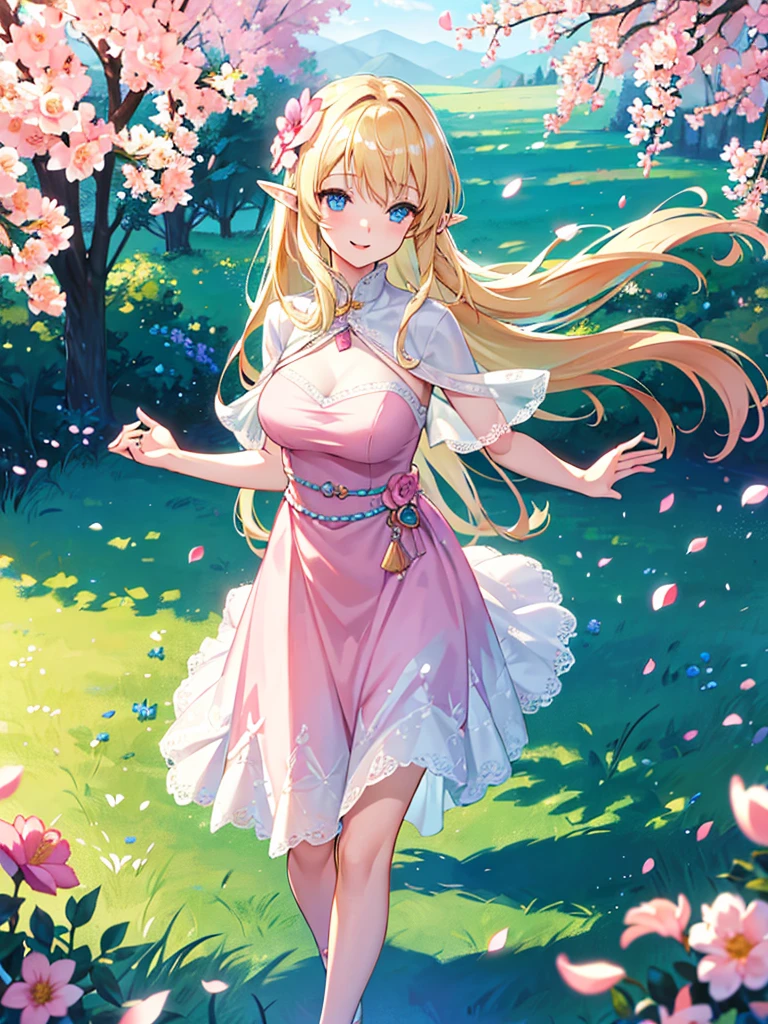 (best quality,4k,highres), realistic, HDR, an elf girl, blonde long hair, pink dress, blue eyes, smiling, detailed beautiful eyes, detailed beautiful lips, head straight staring into the viewer, warm light, blue sky, standing in the middle garden, vibrant colors, soft lighting, joyful expression, delicate facial features, flowing movement, vibrant and lively atmosphere, abundant flower petals, lush green grass, peaceful ambiance, surrounded by a variety of colorful flowers, gentle breeze, captivating and enchanting scenery.