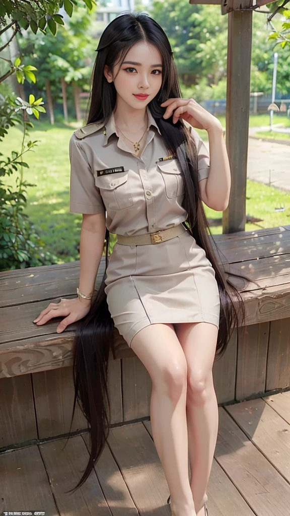 mature woman, Breasts are fully grown., Khaki suit, khaki civil servant, Thai teacher uniform:1.3, Beautiful girl with extra long hair, Two meter long hair, Long hair that catches the eye, long black hair, Her hair is very long., Long, shiny hair, Long, thick, soft hair, Extra long hair, Dynamic posts, like full body, Short sleeve shirtสีกากี, short pencil skirtสีกากี, side cut, Decorated with military insignia., black high heels, The sexiest, small waist, hips raised, small thighs, Long legs, Women's fingers are slender and beautiful., Huge breasts, Huge breasts:1.5, big breast, Very big breasts, Eye-catching breasts, A gigantic rift, Not completely covered, big breast, Huge breast, Big tits D, สาวTwo meter long hair, Beautiful face, red lips, Very shiny, แต่งBeautiful face, Military rank insignia, short pencil skirt, tight, ultra short skirt, The skirt is very short., Wear a miniskirt., Short sleeve shirt, tight fitting, in the background, blurred garden., seductive gesture, Women's condition, Hermes 2002-26 Bag, Gold Necklace, นาฬิกา Apple Watch, stand, walk, The skirt is very short., smooth thighs,