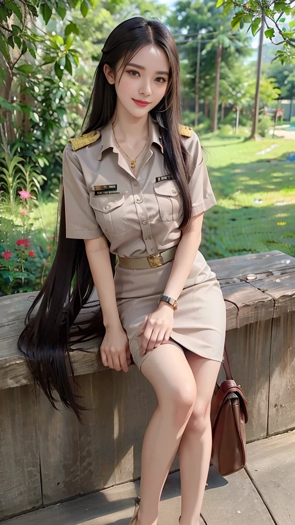 mature woman, Breasts are fully grown., Khaki suit, khaki civil servant, Thai teacher uniform:1.3, Beautiful girl with extra long hair, Two meter long hair, Long hair that catches the eye, long black hair, Her hair is very long., Long, shiny hair, Long, thick, soft hair, Extra long hair, Dynamic posts, like full body, Short sleeve shirtสีกากี, short pencil skirtสีกากี, side cut, Decorated with military insignia., black high heels, The sexiest, small waist, hips raised, small thighs, Long legs, Women's fingers are slender and beautiful., Huge breasts, Huge breasts:1.5, big breast, Very big breasts, Eye-catching breasts, A gigantic rift, Not completely covered, big breast, Huge breast, Big tits D, สาวTwo meter long hair, Beautiful face, red lips, Very shiny, แต่งBeautiful face, Military rank insignia, short pencil skirt, tight, ultra short skirt, The skirt is very short., Wear a miniskirt., Short sleeve shirt, tight fitting, in the background, blurred garden., seductive gesture, Women's condition, Hermes 2002-26 Bag, Gold Necklace, นาฬิกา Apple Watch, stand, walk, The skirt is very short., smooth thighs,