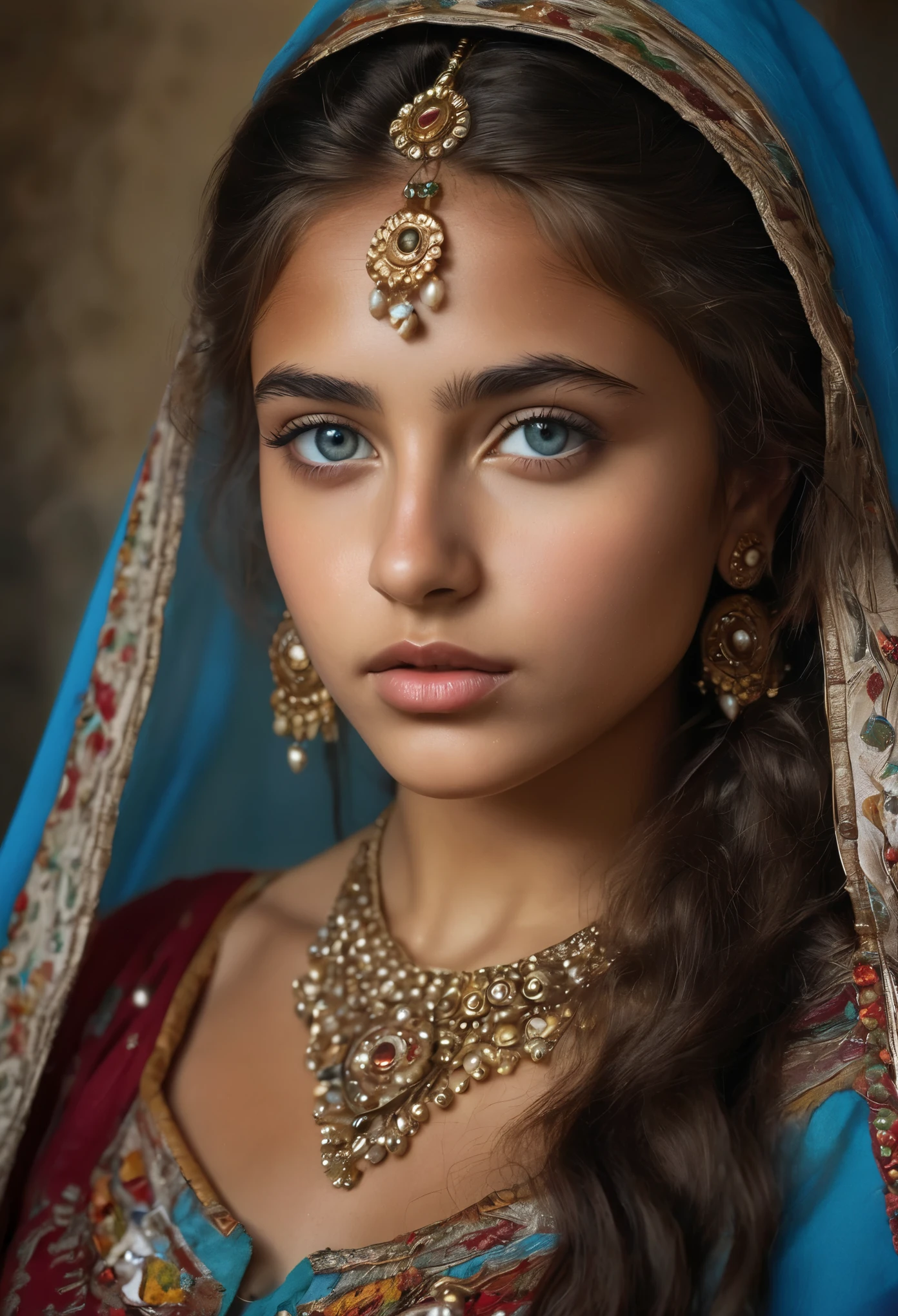 (best quality,highres,masterpiece:1.2),ultra-detailed,(realistic,photorealistic,photo-realistic:1.37),18-year-old Roma girl's portrait, exotic and exquisite beauty, oil painting, detailed facial features, mysterious deep blue eyes, luscious lips, long eyelashes, porcelain-like complexion, flowing dark hair, delicate features, vibrant colors, intricate jewelry, traditional dress, graceful posture, capturing the essence of Roma culture, natural lighting, mesmerizing gaze, enchanting atmosphere.