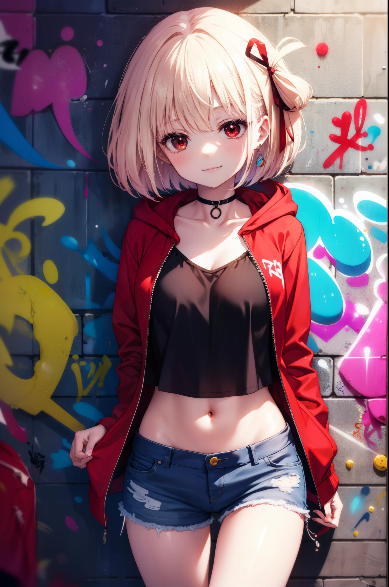 Chisato Nishikigi, Chisato Nishikigi, short hair, bangs, Blonde, (Red eyes:1.5), Hair Ribbon, One side up, happy smile, smile, red hoodie　Front open,Wearing a hood,Blowing bubble gum, Pink bubble gum,Bobcut,navel tank top,Denim shorts, choker, (graffiti:1.5), Paint splashes, Put your arms behind your back, Against the wall, Looking at the audience , Thigh straps, Tilt your head, was bored,break outdoors, alley,break looking at viewer, (Cowboy Shot:1.5),
break (masterpiece:1.2), highest quality, High resolution, unity 8k wallpaper, (shape:0.8), (Beautiful and detailed:1.6), Highly detailed face, Perfect lighting, Highly detailed CG, (Perfect hands, Perfect Anatomy),