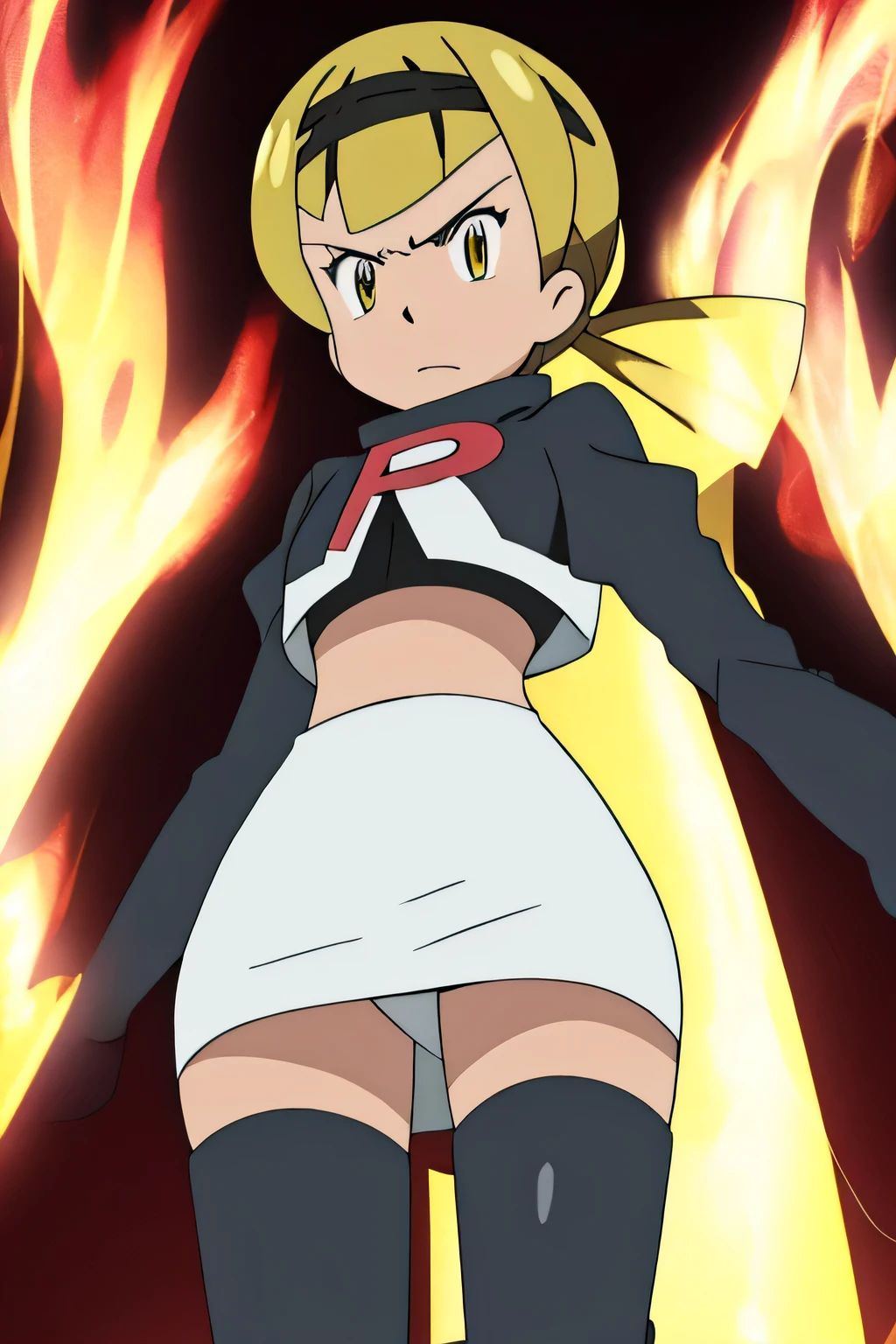 8k, masterpiece,highres, team rocket uniform, red letter r, white skirt,white crop top,black thigh-high boots, black elbow gloves, glaring angrily, looking down at viewer, hands on hips, cowboy shot,zettai ryouiki,from below, black panties,anime style, vivid colors, sharp focus, intense lighting,mariabell crois