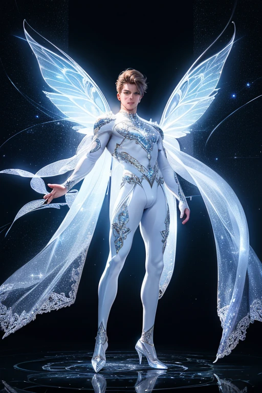 Full body photorealistic handsome hunky masculine Fairy Guardian of Lights, white diamond shiny crystal transparent glass spandex and big wide massive sparkling luminous silk wings, glowing white eyes, aesthetic muscular full body, intricate details,soft smooth, beautiful 8k, realistic, glossy.classy, shiny