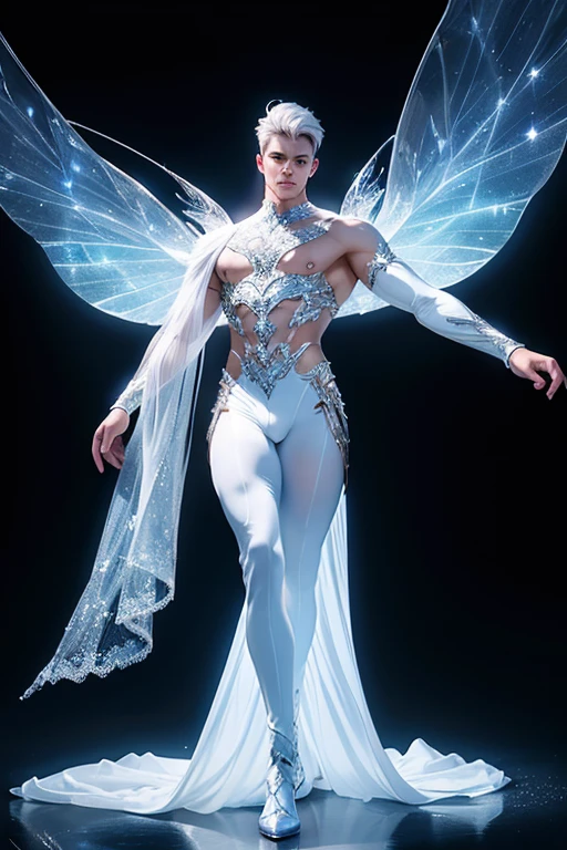 Full body photorealistic handsome hunky masculine Fairy Guardian of Lights, white diamond shiny crystal transparent glass spandex and big wide massive sparkling luminous silk wings, glowing white eyes, aesthetic muscular full body, intricate details,soft smooth, beautiful 8k, realistic, glossy.classy, shiny