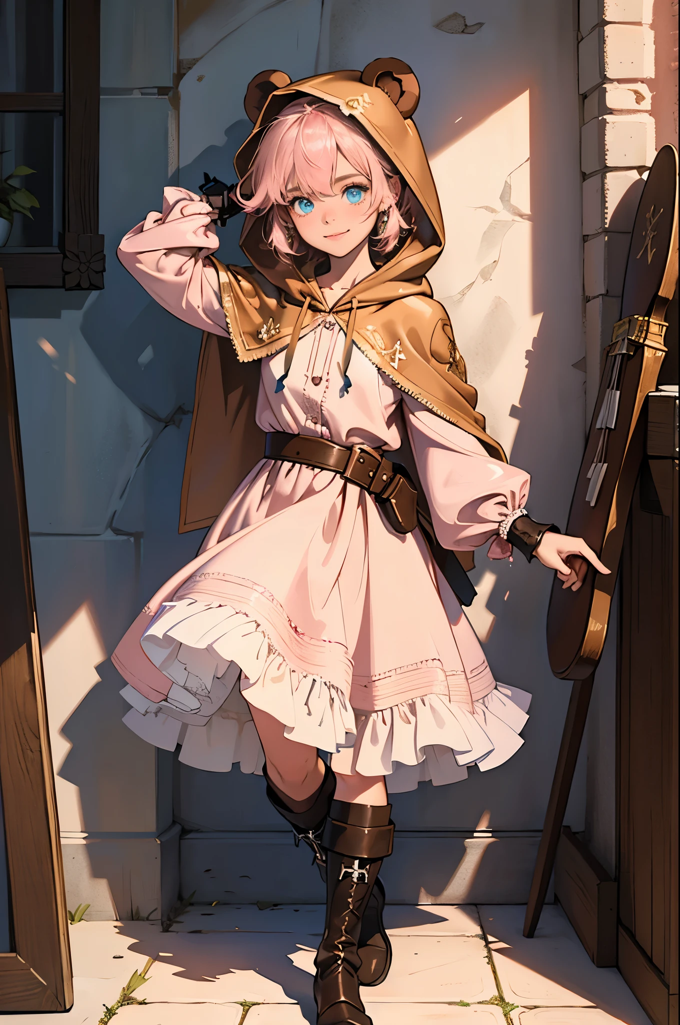 masterpiece, ultra detailed, 8K Portrait, Raw photo, a portrait photo of, Highly detailed face, beautiful and meticulous eyes, ((Fantasy)), 7  girl, , Light brown short hair, Kind face, Cute smile, adventurer, (((Little bear  ear attached Hooded))) (((Pink-brown silk long-caped))) Fluttering in the wind, Leather boots, one side blue earring, Hold a Maple Syrup Bottle, Midday Sun, Hyper realistic, in a castle, Ambient lighting, Shadow details , strong breeze, Light fog