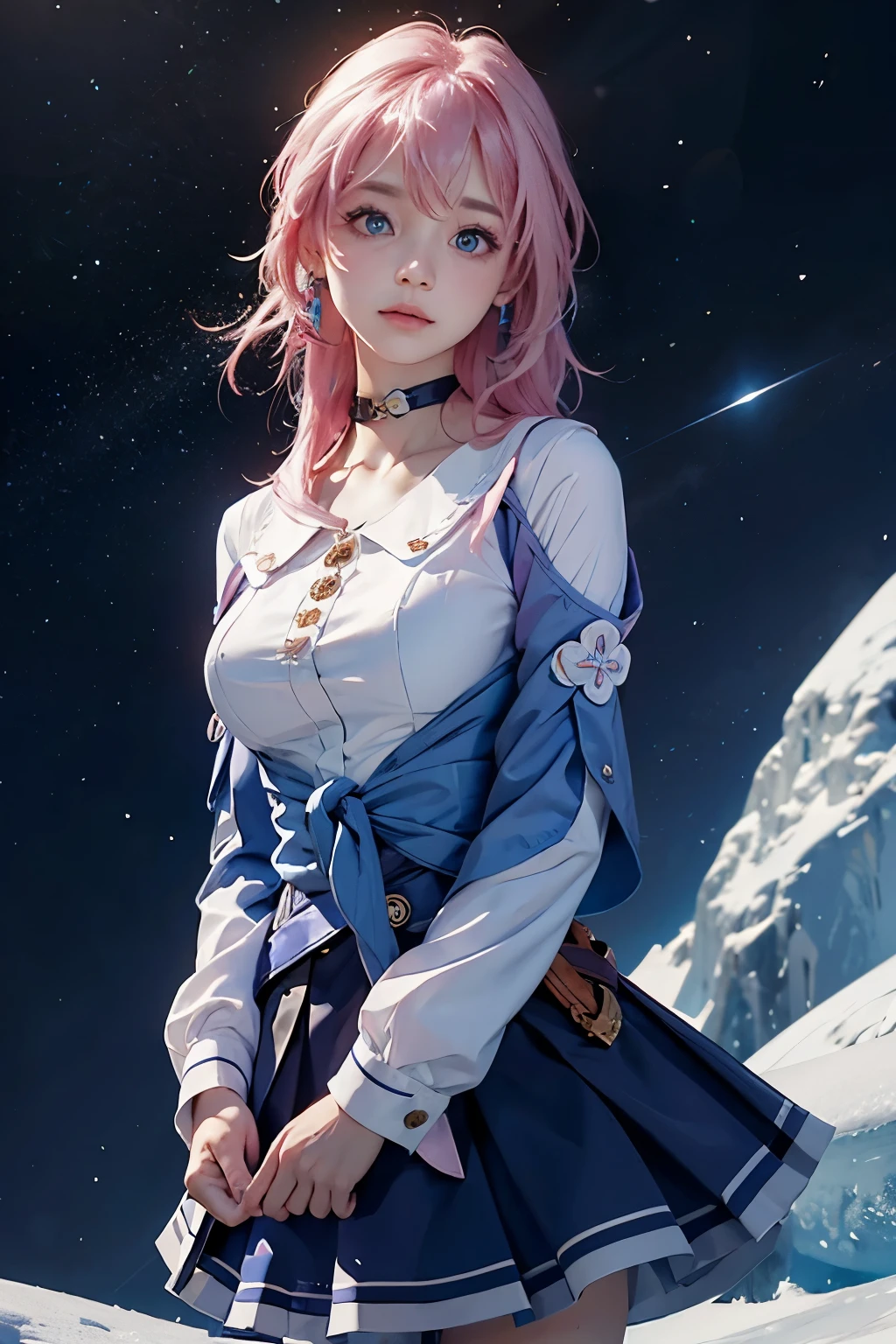 March 7 \(Honkai: star rail\), 1 girl, blue eyes, blue skirt, chest, arms separated, earring, ice, decorations, long sleeve, medium chest, medium hair, pink hair, shirt, skirt, alone, star \(mark\), star earring, white shirt 