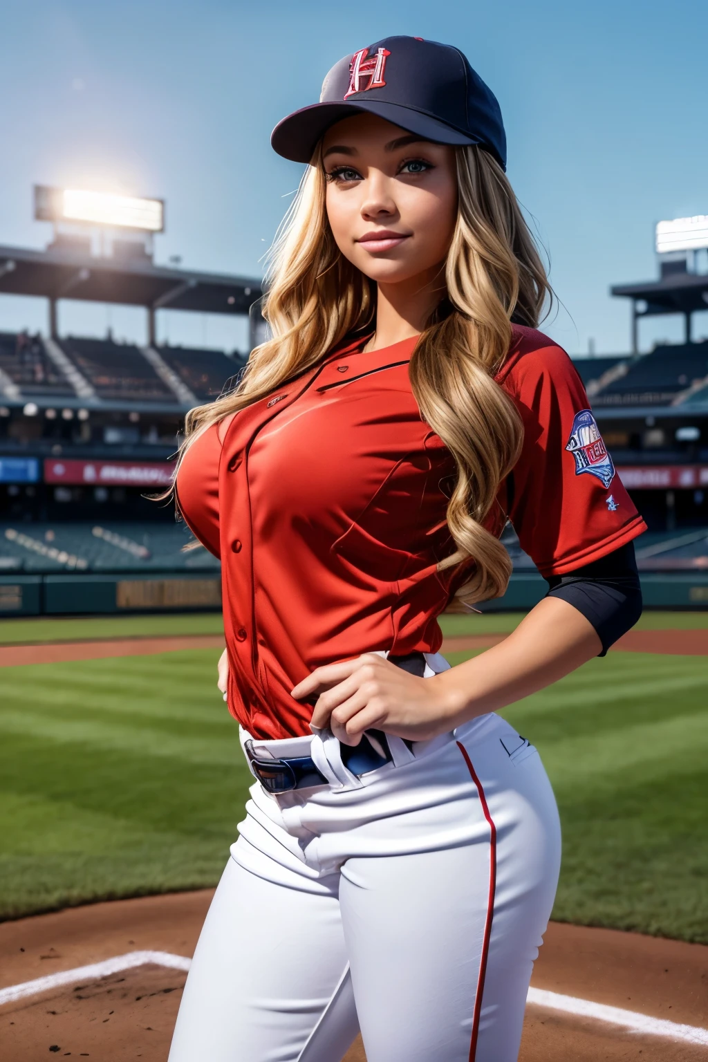 a gorgeous Madison Iseman, age 25, wavy hair in the wind. she's a men magazine model, She has a subtle smile and flirts with the camera, (she wears a baseball uniform with full length pants and baseball cap:1.2), (she is a pitcher standing on the pitchers mound:1.3), background baseball stadium, large crowd, sundown lighting, perfect eyes, perfect hands, perfect body, perfect hair, perfect breasts, large breasts, hair behind ear, UHD, retina, masterpiece, accurate, anatomically correct, textured skin, super detail, high details, high quality, award winning, best quality, highres, 16k, 8k, (full bodyshot:1.1), (full length photo:1.15),