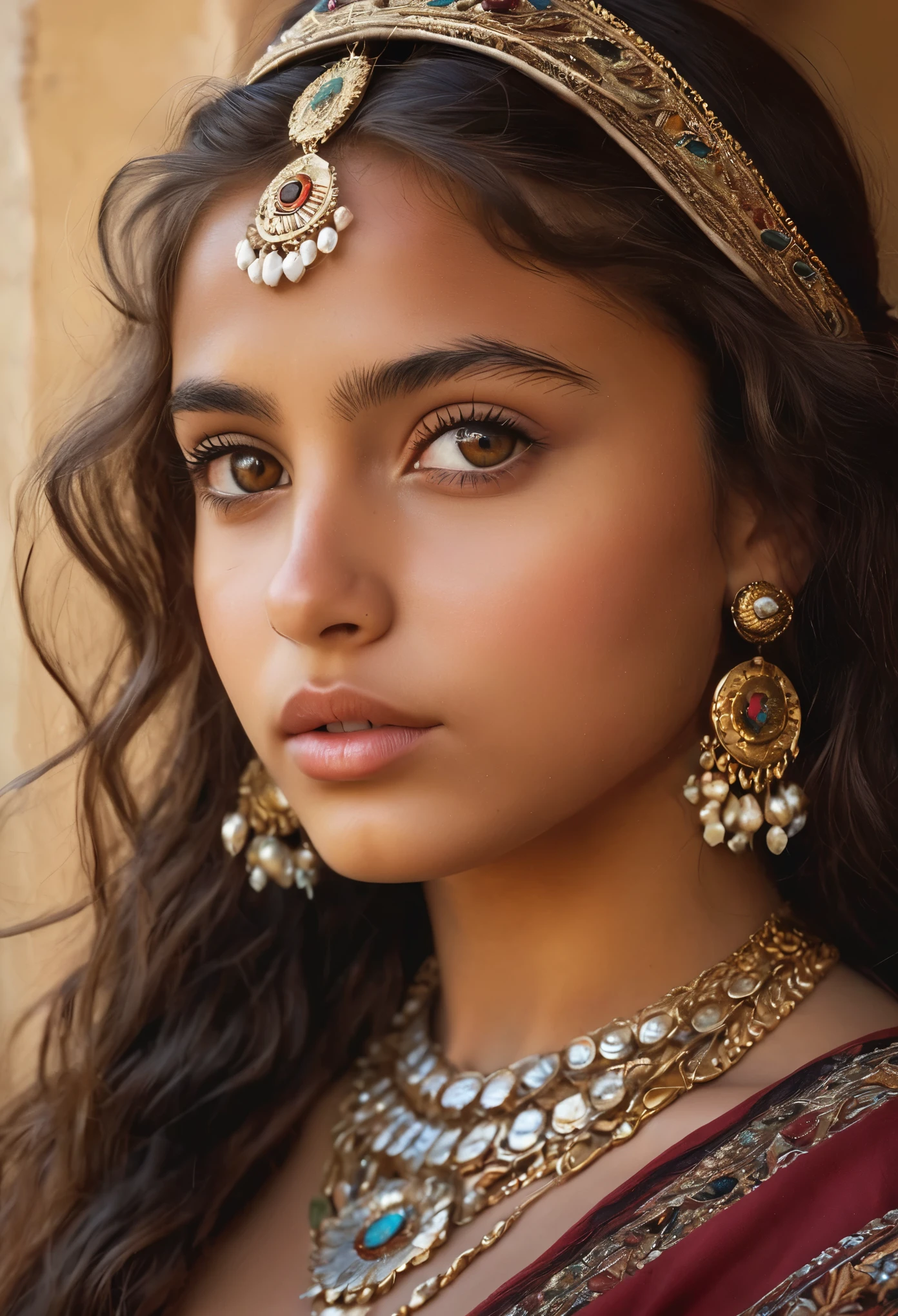 (best quality,highres,masterpiece:1.2),ultra-detailed,(realistic,photorealistic,photo-realistic:1.37),18-year-old Roma girl's portrait, exotic and exquisite beauty, oil painting, detailed facial features, deep eyes, luscious lips, long eyelashes, porcelain-like complexion, flowing dark hair, delicate features, vibrant colors, intricate jewelry, traditional dress, graceful posture, capturing the essence of Roma culture, natural lighting, mesmerizing gaze, enchanting atmosphere.
