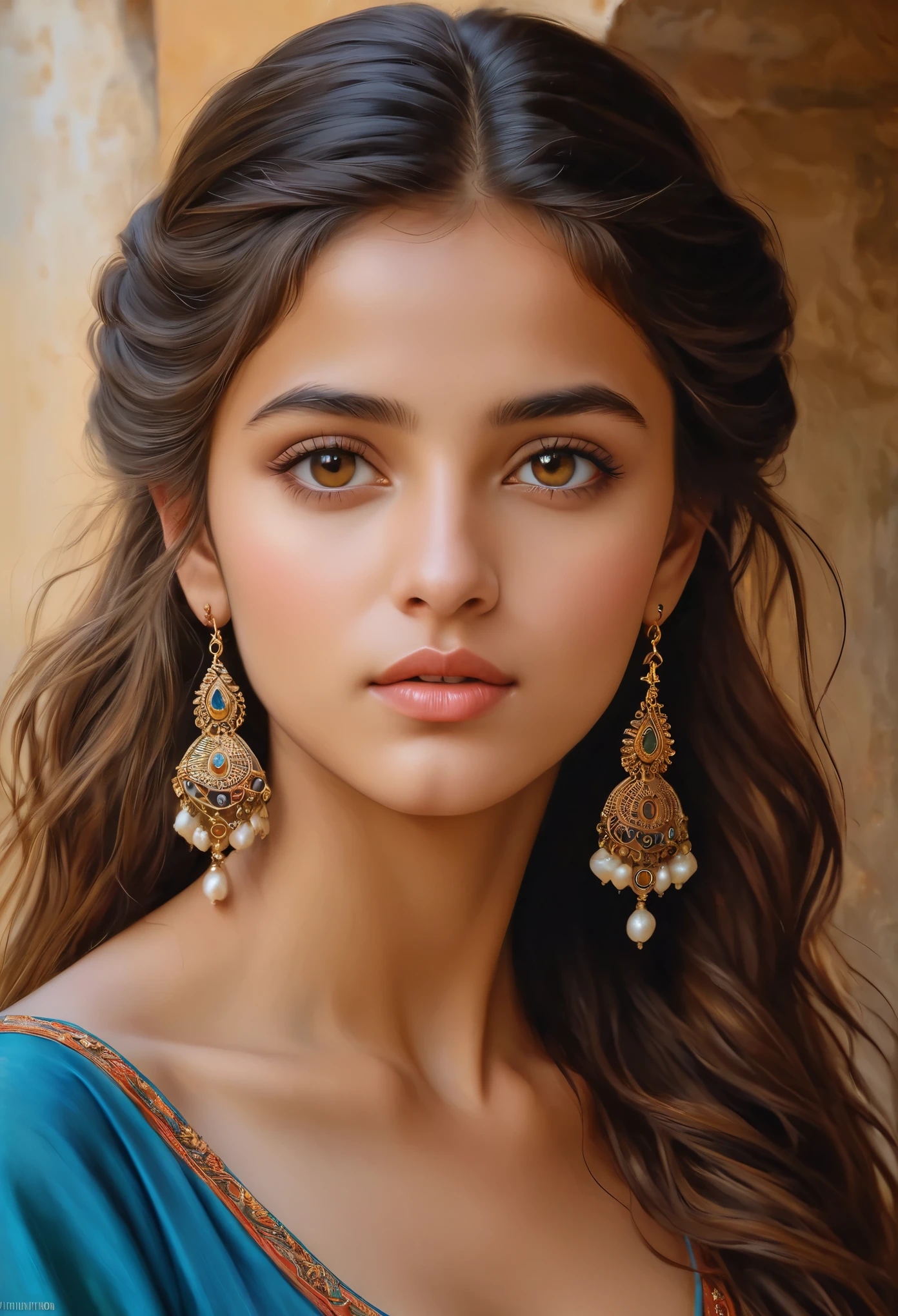 (best quality,highres,masterpiece:1.2),ultra-detailed,(realistic,photorealistic,photo-realistic:1.37),18-year-old Roma girl's portrait, exotic and exquisite beauty, oil painting, detailed facial features, deep eyes, luscious lips, long eyelashes, porcelain-like complexion, flowing dark hair, delicate features, vibrant colors, intricate jewelry, traditional dress, graceful posture, capturing the essence of Roma culture, natural lighting, mesmerizing gaze, enchanting atmosphere.