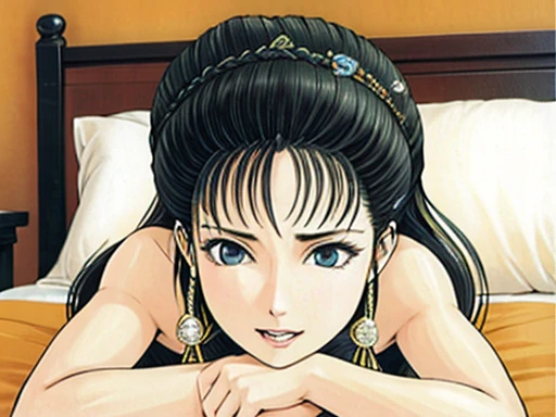 {best quality}, {very aesthetic}, {ultra-detailed}, {best illustration},NSFW,mature female,Perfect Face,Suikoden,Mrs. Lin,{full_nude},{full_body},big breast,big nipple,Pubic hair of the same color as the hair,Eyes downcast,Sobbing in frustration,skinny, Undressing, sex, girl lying on the bed,chinese traditional style bed,