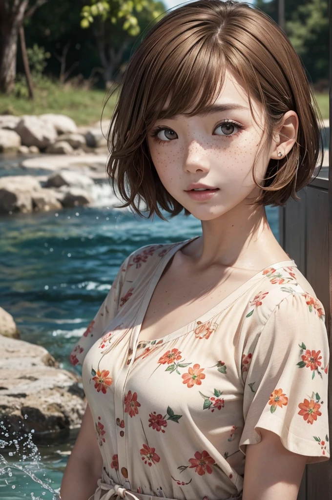 Light brown hair Short hair outside splashing Separate eyes freckles Floral clothing Girl live-action