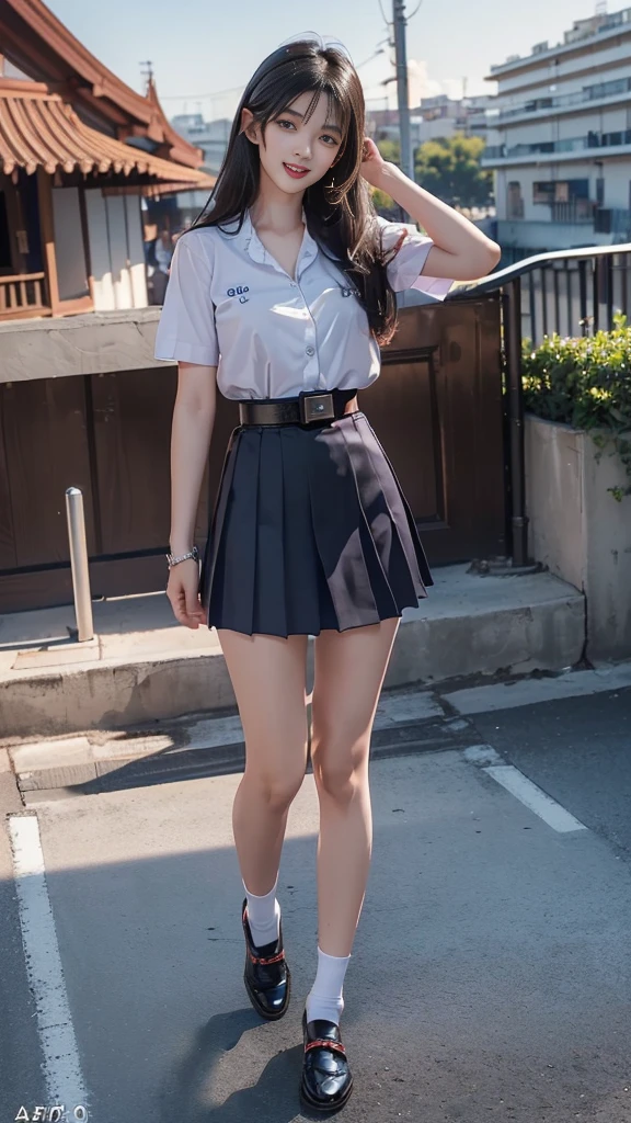highest resolution, 8k, high definition, (((Two meter long hair, long black hair, long straight hair))), ((Thai students, half-caste, Thai-Japanese-Korean, Age 18-25 years, Height 173 centimeters)), (((stand, walk))) , (((Beautiful face, แต่งBeautiful face, Double eyelids, red lips, smile at the corner of your mouth., beautiful eyes))), ((beautiful woman, Real picture)), ((short sleeve, เสื้อขาวthin, collar shirt)), ((Name embroidered in blue letters on the right chest of the shirt...., have a name "Porn videos" Rungruangpiwatsakul")), ((สัญลักษณ์โลโก้schoolที่อกซ้าย)), ((Dark blue long pleated skirt...., Cover the whole leg)), ((blue skirt, มีbeltผู้หญิง)), ((big breasts, breast augmentation)), ((Symmetrical shape, sexy body)), ((thin, small waist)), ((black elementary school shoes, white short socks)), ((Wear a GUESS watch)), ((belt)), ((Chanel Boy Medium 10 Black Caviar Bag RHW)), (((Full body, Look at every part of the body...))), ((background, balcony, building, school, building))