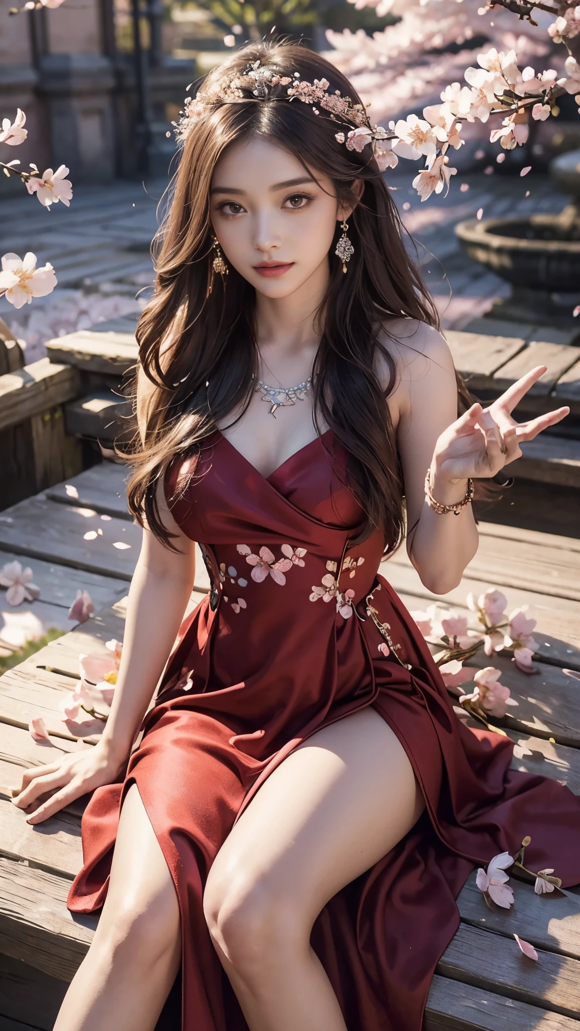 4K, Ultra HD, Masterpiece, 1 girl, (good face:1.4), detailed eyes, very long hair, princess dress, (red dress:1.5), (bare waist:1.2), (wearing jwellery:1.5), (cherry blossom:1.5), (bloom effect:1.5), Detailed Fantasy Art, Stunning Character Art, beautiful Exquisite Character Art, Beautiful, Extremely Detailed, Exquisite Intricate Headdress and Jewellery, perfect body, looking directly at the audience, selfie image,