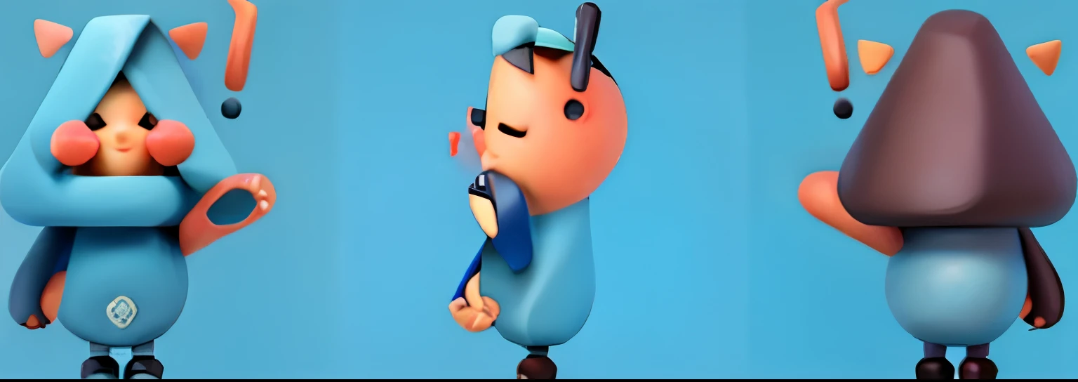 three illustrations of a person with a blue hat and a blue triangle, dancing character, cute character, animation character, character is covered in liquid, character is standing, merged character, 3d illustration,3d illustration, digital character illustration, toonix character, various pose, digital character, with a blue background, anthropomorphic character, rabbt_character,3d,c4d