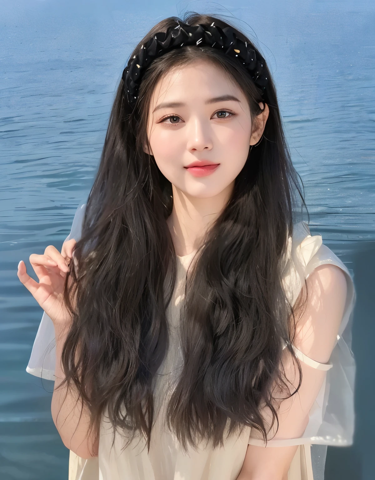 A girl taking pictures，黑茶色Long curly hair，wool curly long hair，White clothes，Long curly hair，Very curly hair，Wearing a black diamond headband，long flowing hair，Photorealism，masterpiece，best quality，high quality，Fine details，Clear focus，精致Face部细节纹理，Face型流畅光滑自然，Very detailed faces，4 k，1girl，Deep Shadow， 1 Girl， Narrow waist，美丽的Face， Face， Divine goddess， Ultra-high resolution，（Reality：1.4），（beautiful girl：1.4），（Looking at the audience，Detailed facial details，Beautiful detailed eye，Jet-black hair，（Urzang-6500-v1.1：0.3）