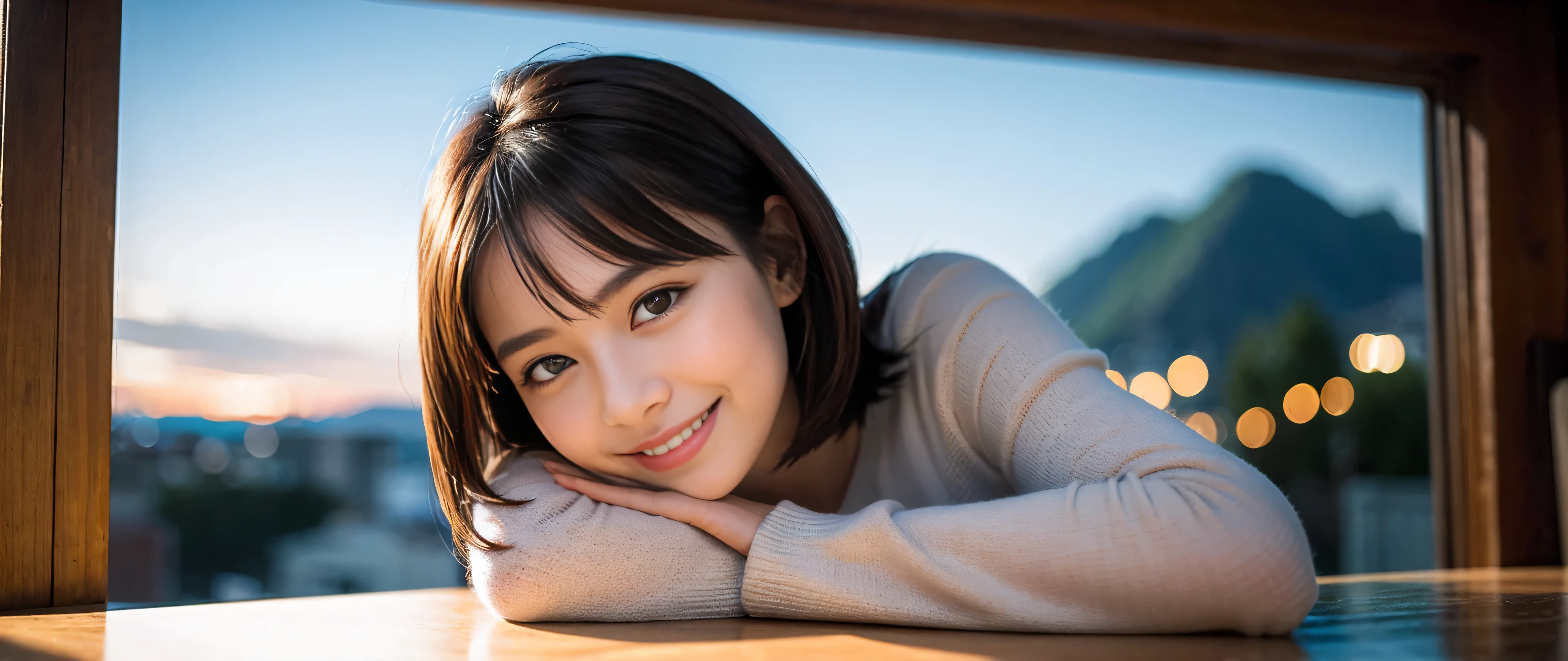 ((highest quality、8k、masterpiece:1.3))、Sharp focus:1.2、Beautiful woman perfect body:1.4、Slim body、((Bob Hale、Straight hair:1.2))、(to be born, highest quality, masterpiece:1.5), (Realistic, Intricate details:1.2), Ultra-high resolution, Spectacular view of the sunset sky and clouds、Amazing mountain views、A bright smile、A lovely woman with a smile、Bright image、2. Wine Beauties, Beautiful Face, blue eyes, The light shines on your face, Blushing, short hair,Bright face、Fox face、 (36 years old), 39 years old, Lady、red wine 、hors d'oeuvre、Italian food、wine bottle、Champagne、sparkling wine、two beauties、brown hair、Shortcuts、Long sleeve shirt、dress、Pretty Woman 1, (slim face), (The body is slim), (brown hair), (Shortcuts), cheeks turn a little red,charming beauty、, Out of the window, A beautiful and detailed night view unfolds.........., restaurant, In a prominent place (From the waist up) Nova Frog Style, actress, model, Upper Body, White wine, slim, wine glass, wine glass placed in the middle, smile, (smile: 1.15), Beautiful fine grain, Depth f/2,saturation, High Contrast, Strong light and shadow,Moist Body:1.5、3D texture、Delicate eyes、brown hair、The hair is very shiny、