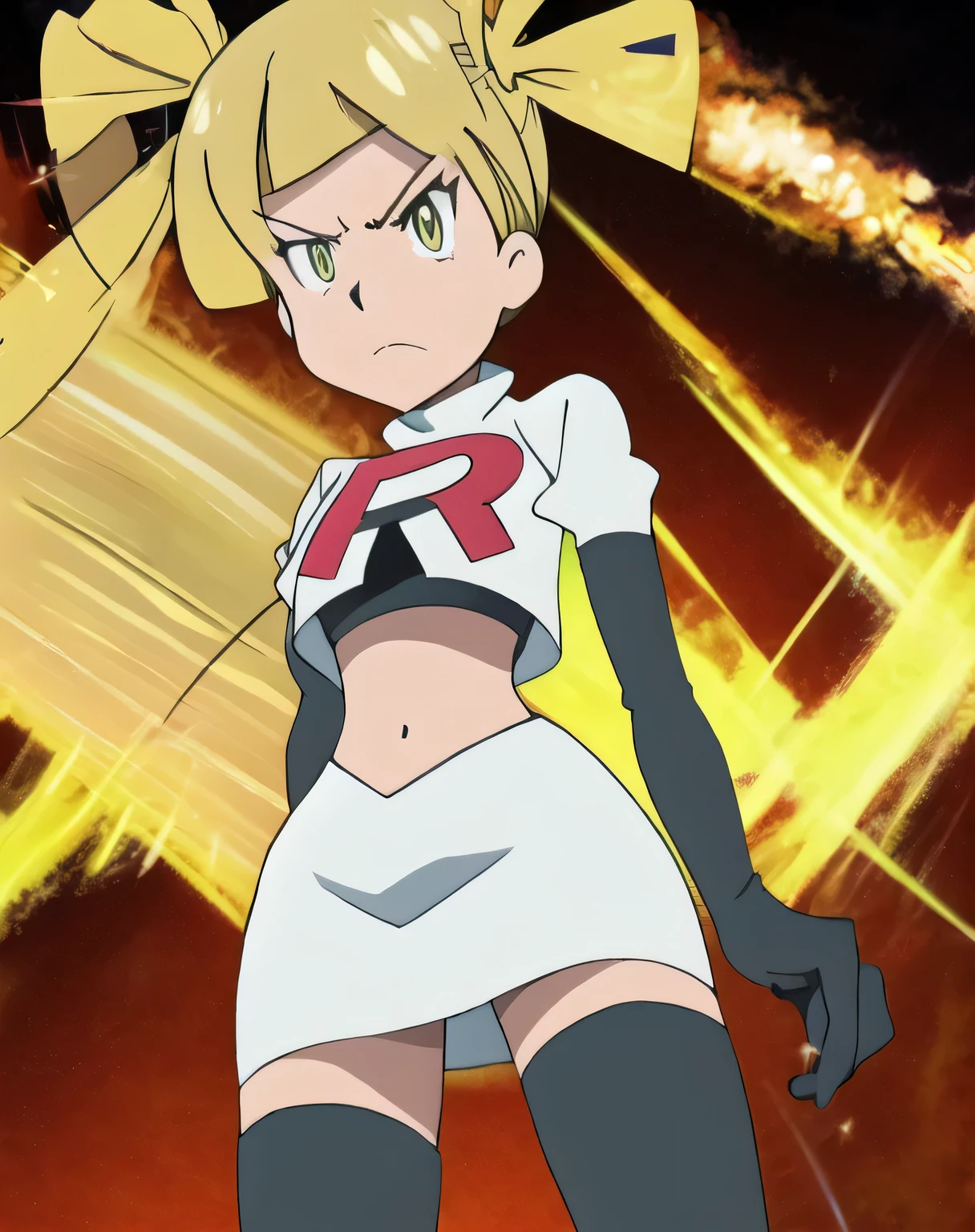 8k, masterpiece,highres,team rocket uniform, red letter r, white skirt,white crop top,black thigh-high boots, black elbow gloves, glaring angrily, looking down at viewer, hands on hips, cowboy shot, zettai ryouiki,from below, black panties,anime style, vivid colors, sharp focus, intense lighting,Mariabell Crois