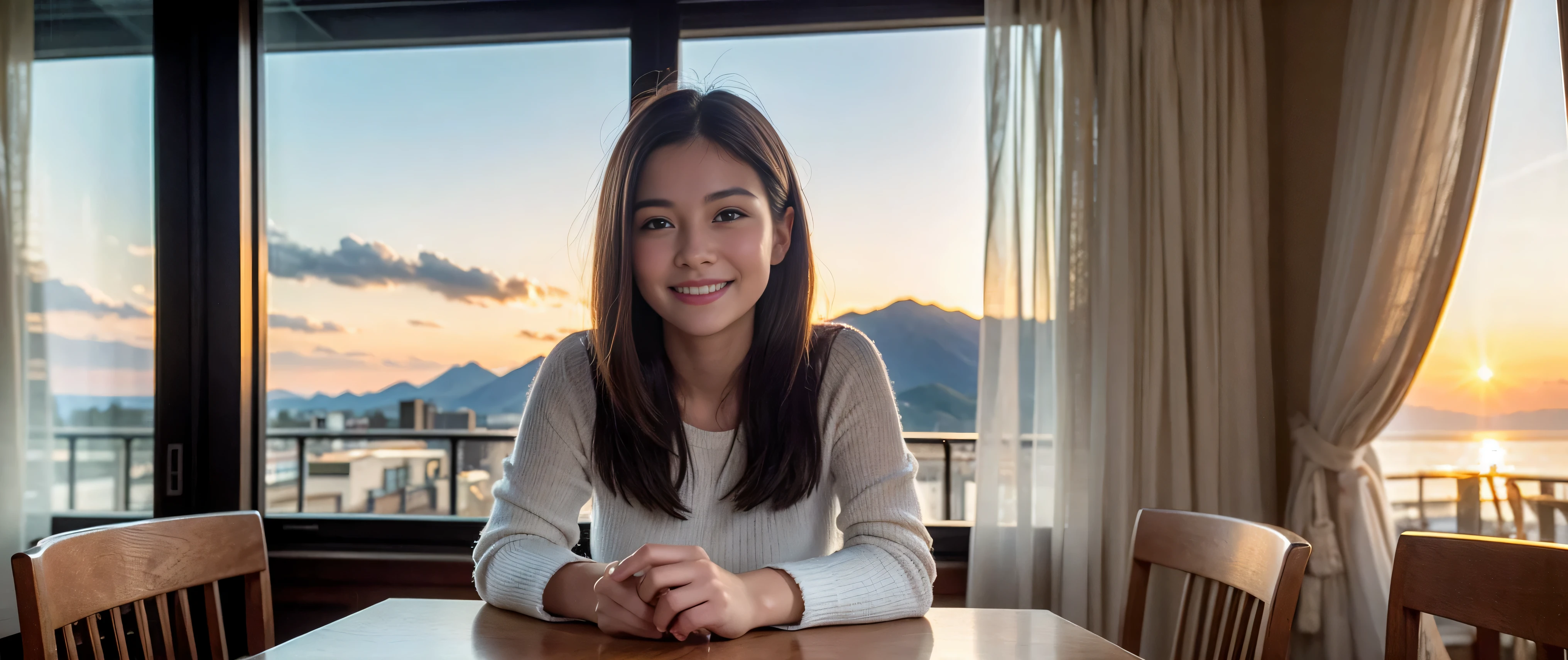 ((highest quality、8k、masterpiece:1.3))、Sharp focus:1.2、Beautiful woman perfect body:1.4、Slim body、((Bob Hale、Straight hair:1.2))、(to be born, highest quality, masterpiece:1.5), (Realistic, Intricate details:1.2), Ultra-high resolution, Spectacular view of the sunset sky and clouds、Amazing mountain views、A bright smile、A lovely woman with a smile、Bright image、2. Wine Beauties, Beautiful Face, blue eyes, The light shines on your face, Blushing, short hair,Bright face、Fox face、 (36 years old), 39 years old, Lady、red wine 、hors d'oeuvre、Italian food、wine bottle、Champagne、sparkling wine、two beauties、brown hair、Shortcuts、Long sleeve shirt、dress、Pretty Woman 1, (slim face), (The body is slim), (brown hair), (Shortcuts), cheeks turn a little red,charming beauty、, Out of the window, A beautiful and detailed night view unfolds.........., restaurant, In a prominent place (From the waist up) Nova Frog Style, actress, model, Upper Body, White wine, slim, wine glass, wine glass placed in the middle, smile, (smile: 1.15), Beautiful fine grain, Depth f/2,saturation, High Contrast, Strong light and shadow,Moist Body:1.5、3D texture、Delicate eyes、brown hair、The hair is very shiny、
