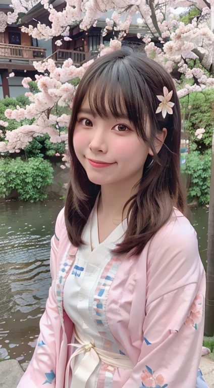 highest quality, Ultra-high resolution, (Realistic:1.4),blush,cute,(Detailed face),A light smile, 
View your viewers,
Upper Body, kimono,high school girl, 
sunny,river,(cherry blossoms),blue sky,