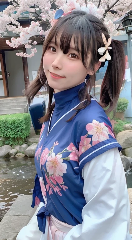 highest quality, Ultra-high resolution, (Realistic:1.4),blush,cute,(Detailed face),A light smile,
View your viewers,
Upper Body, kimono,high school girl,
sunny,river,(cherry blossoms),blue sky,