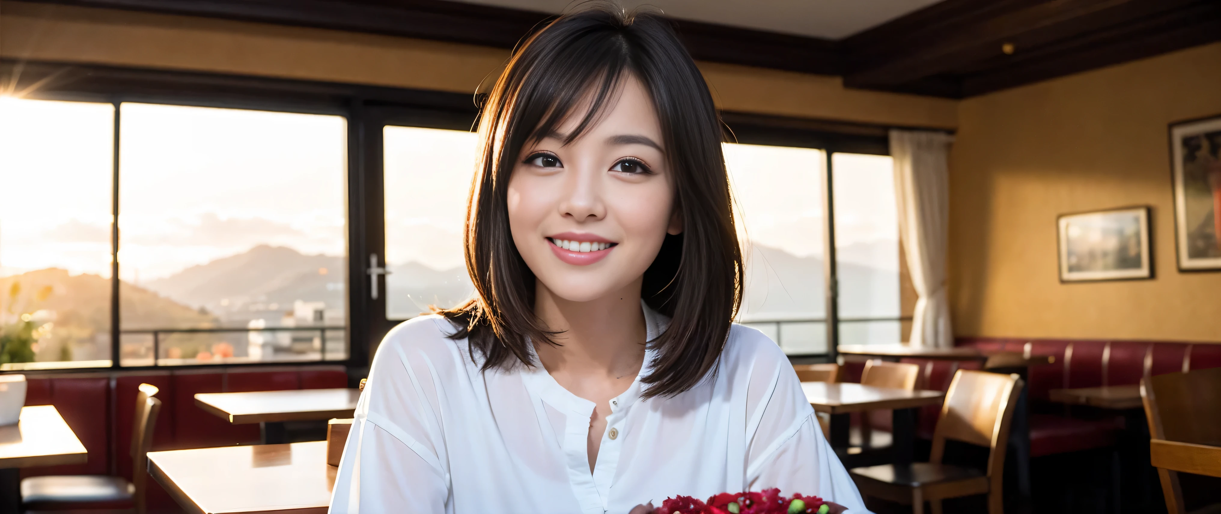 ((highest quality、8k、masterpiece:1.3))、Sharp focus:1.2、Beautiful woman perfect body:1.4、Slim body、((Bob Hale、Straight hair:1.2))、(to be born, highest quality, masterpiece:1.5), (Realistic, Intricate details:1.2), Ultra-high resolution, Spectacular view of the sunset sky and clouds、Amazing mountain views、A bright smile、A lovely woman with a smile、Bright image、2. The beauty of wine, Beautiful Face, blue eyes, The light shines on your face, Blushing, short hair,Bright Face、Fox face、 (36 years old), 39 years old, Lady、red wine 、Appetizer、Italian food、Wine bottle、Champagne、sparkling wine、Two beauties、brown hair、Shortcuts、Long sleeve shirt、dress、Pretty Woman 1, (slim face), (The body is slim), (brown hair), (Shortcuts), cheeks turn a little red,charming beauty、, Out of the window, A beautiful and detailed night view unfolds.........., restaurant, In a prominent place (From the waist up) Nova Frog Style, actress, model, Upper Body, White wine, slim, wine glass, wine glass placed in the middle, smile, (smile: 1.15), Beautiful fine grain, Depth f/2,saturation, High Contrast, Strong light and shadow,Moist Body:1.5、3D texture、Delicate eyes、brown hair、The hair is very shiny、