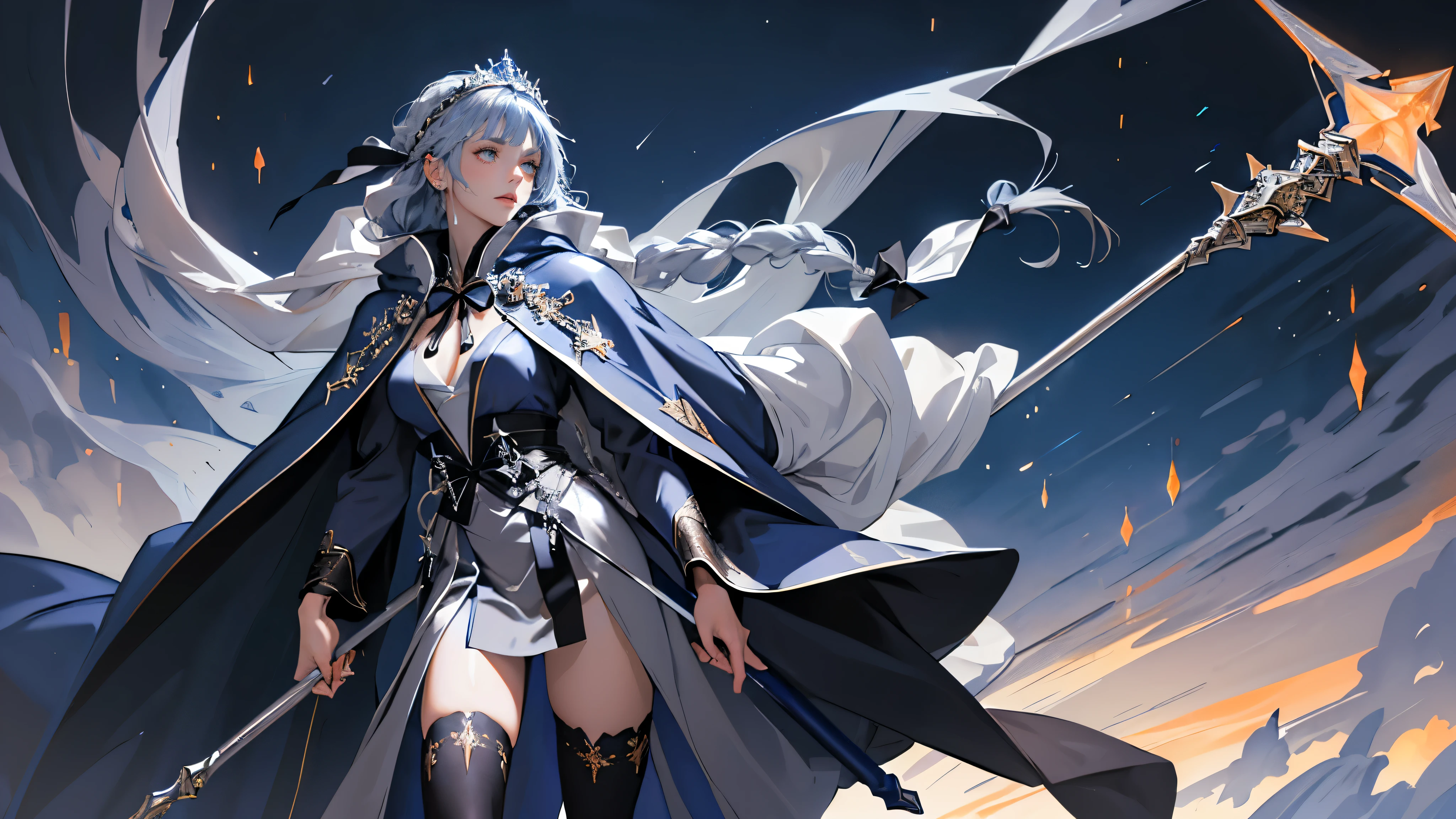 masterpiece, ultra detailed, 8k portrait, RAW photo, portrait photography, highly detailed face, beautiful and meticulous eyes, ((Fantasy)), Young beautiful, 22 years old, dynamic pose, (((expressionless))), (((blue gray colored hair))), ((one side braided with orange hair ribbon))), blunt bangs, White skin color, ((silver tiara)), Luxury, (((silver Silk Long Cloak))), (((Gorgeous Deep blue long robe))), (((dark thigh high tights))), high cut leather boots, ((lift up long magical staff)), Midday Sun, hyper realistic, Body model, Small breasts, Beautiful breasts, Long legs, in the castle, Ambient lighting, Shadow details , Camera focus on thigh, strong breeze, Light fog