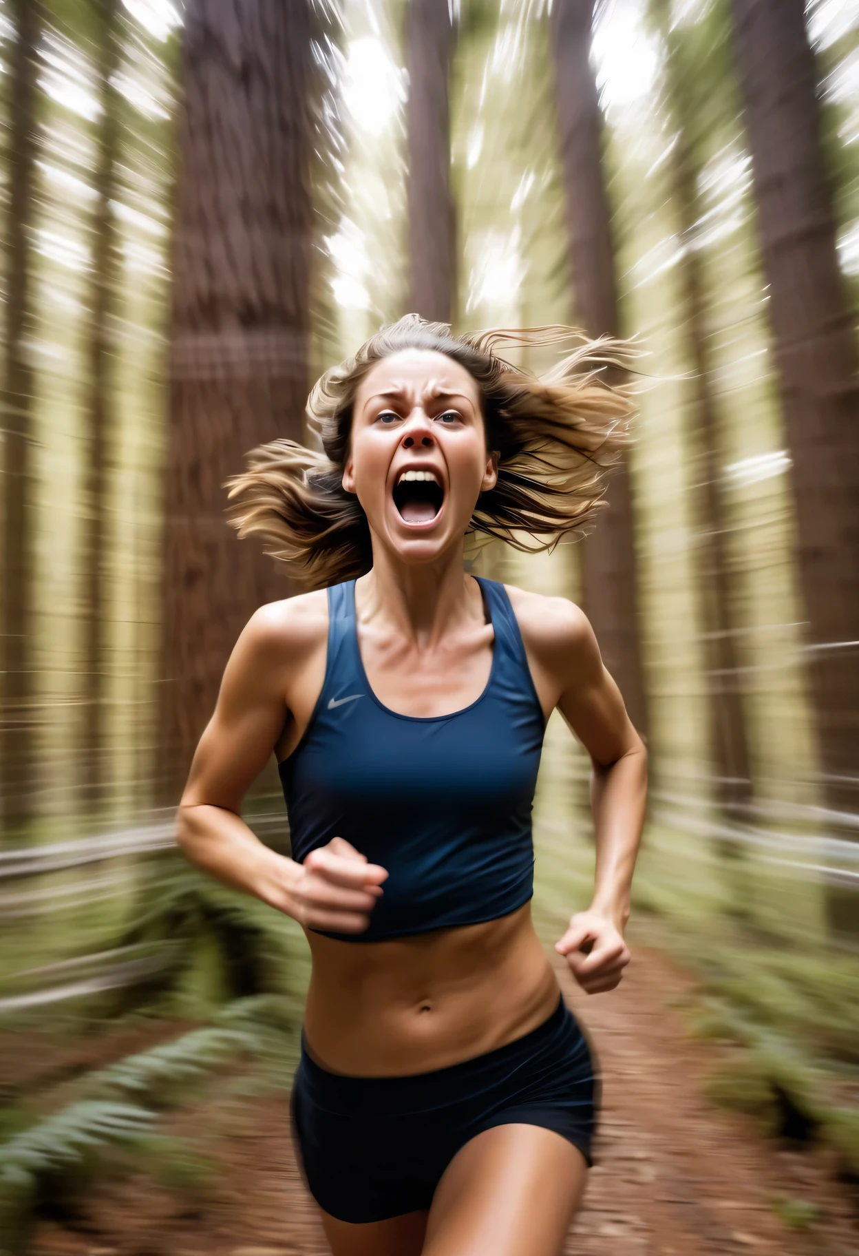 half body image of a woman running in a forest, shouting, ((with motion blur lines around her head)),