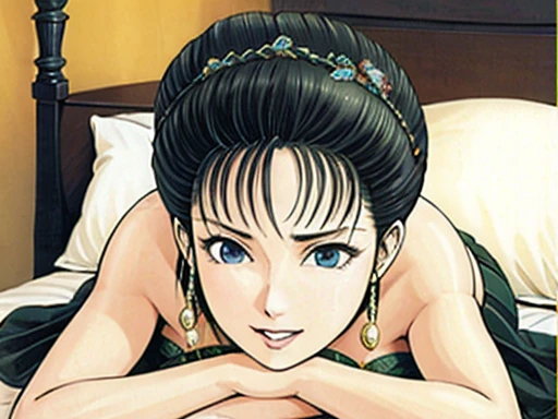{best quality}, {very aesthetic}, {ultra-detailed}, {best illustration},NSFW,mature female,Perfect Face,Suikoden,Mrs. Lin,{full_nude},{full_body},big breast,big nipple,Pubic hair of the same color as the hair,Eyes downcast,Sobbing in frustration,skinny, Undressing, sex, girl lying on the bed,chinese traditional style bed,